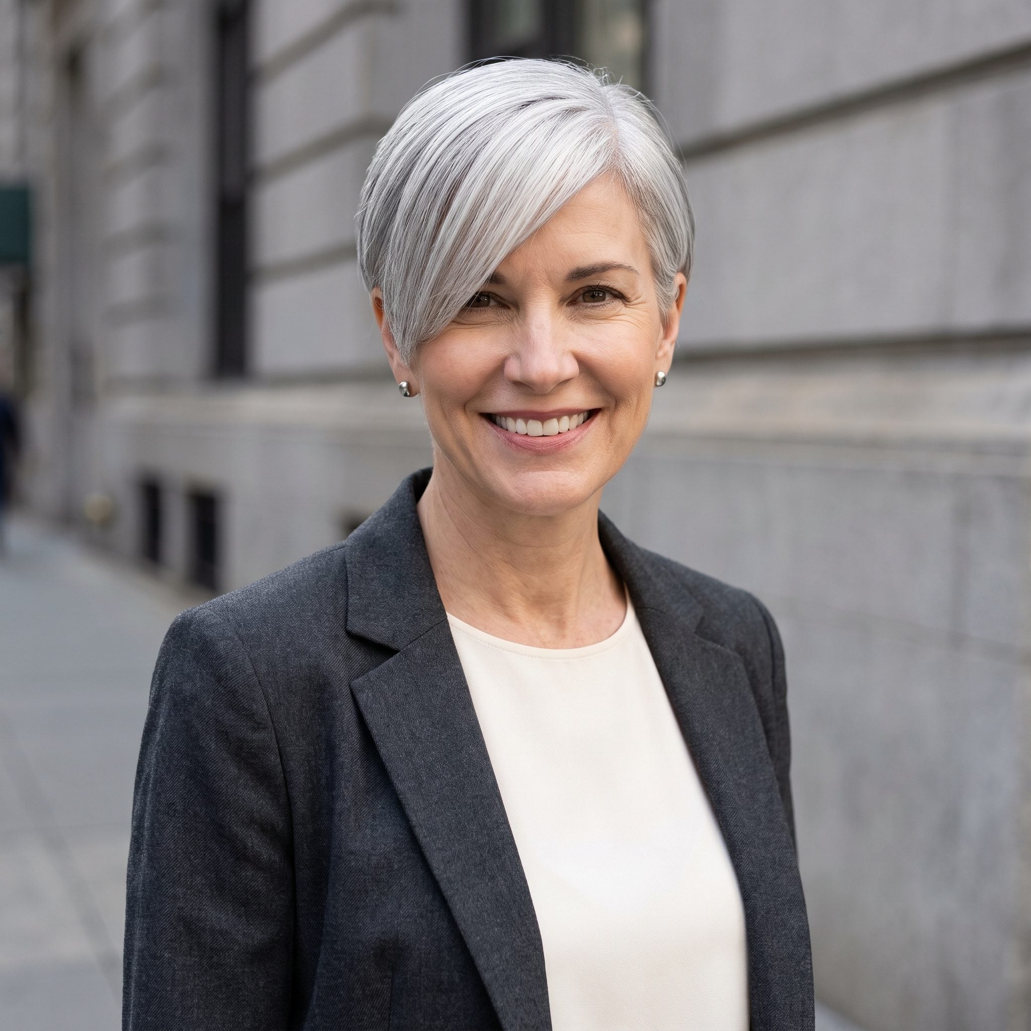 Woman with a silver pixie combed into a deep flat side part sweeping low over one eye