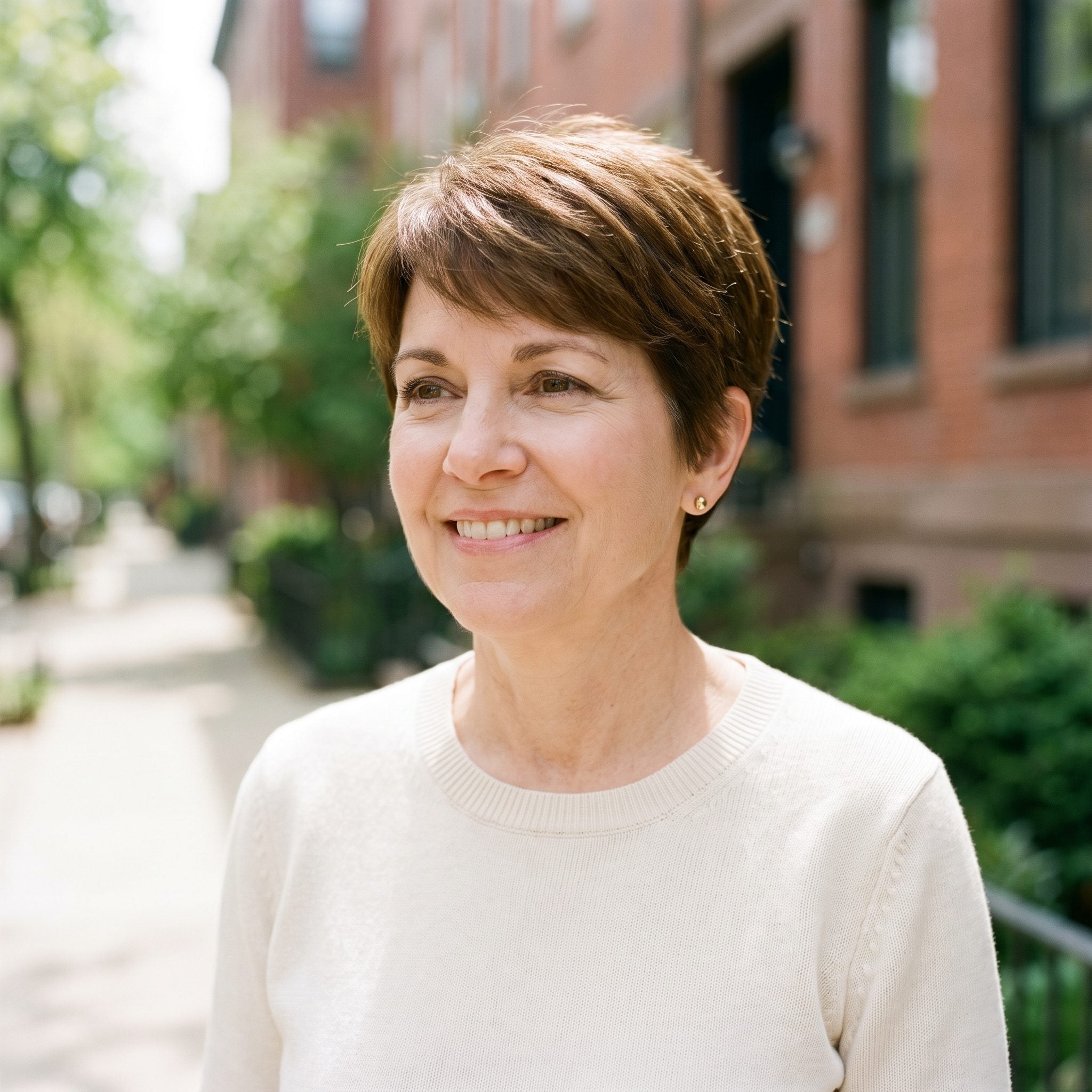 Woman with a layered pixie colored one uniform brown shade with little visible dimension