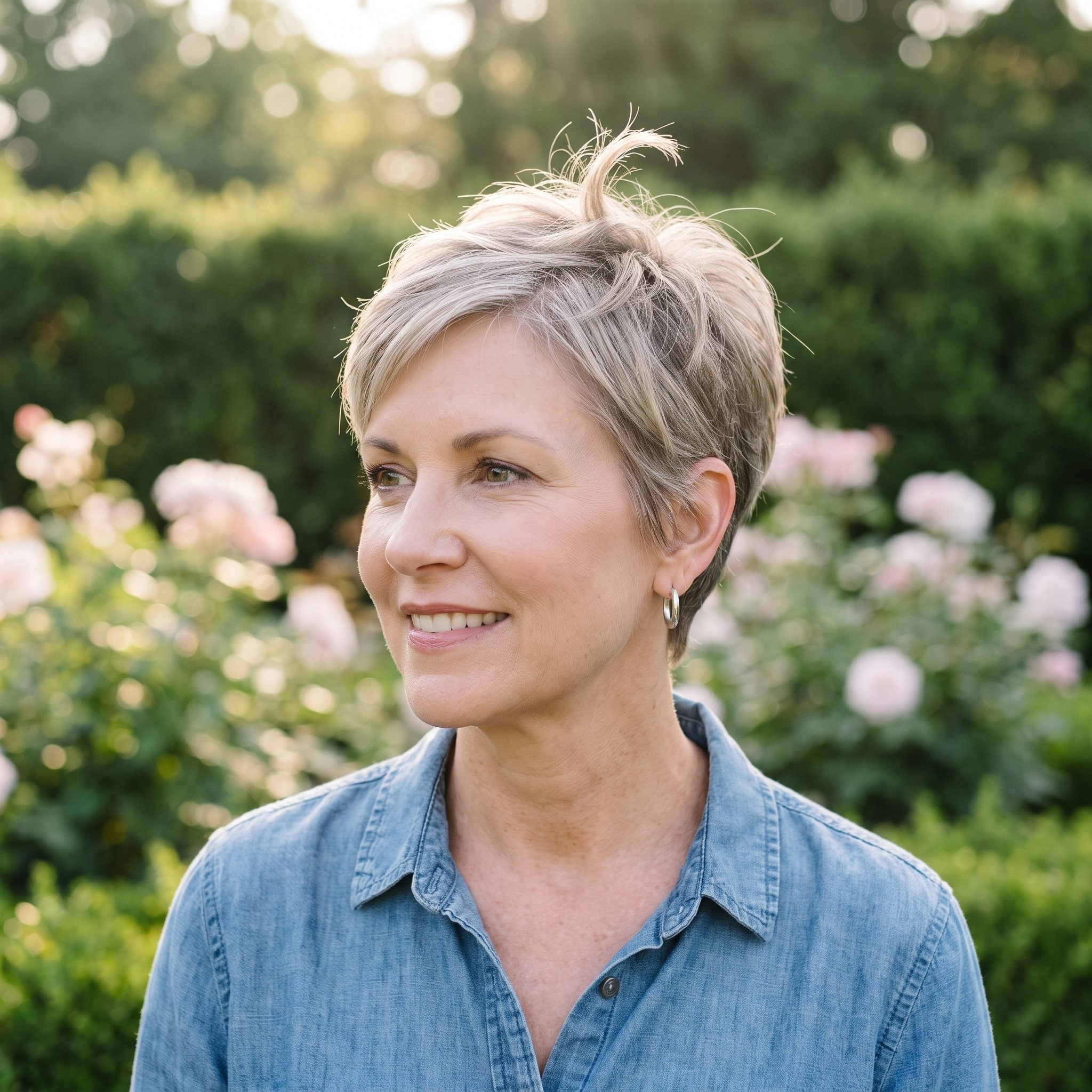 Woman with a tapered pixie showing a crown cowlick pushing one section in a different direction