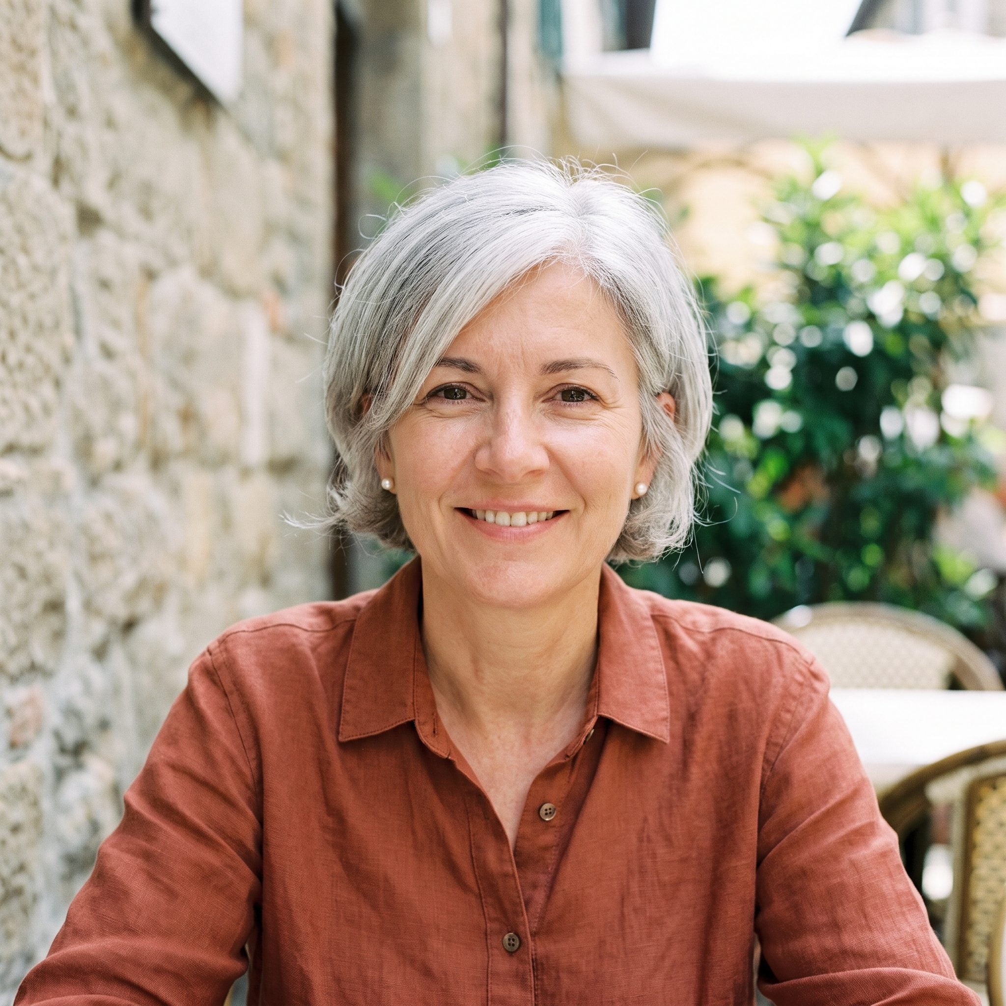 Woman with a grown-out pixie where the sides have thickened over the tops of the ears