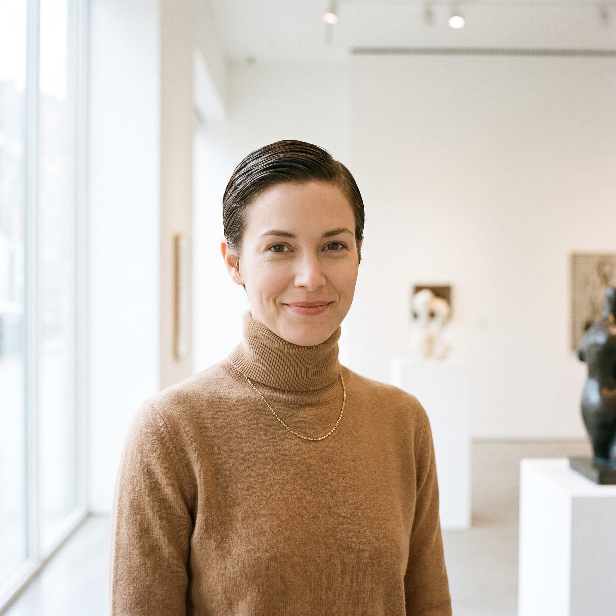 Woman with a cropped pixie and a very matte complexion with little reflected light on the cheekbones