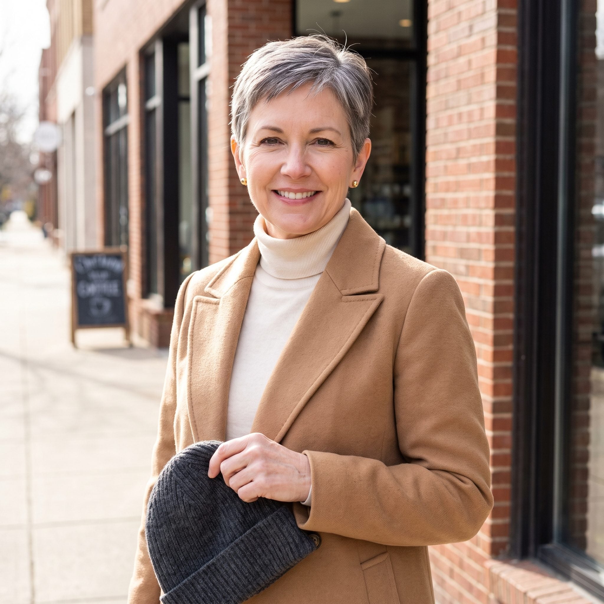 Woman holding a charcoal beanie after her short salt-and-pepper pixie dried with a flat ring from the hat band