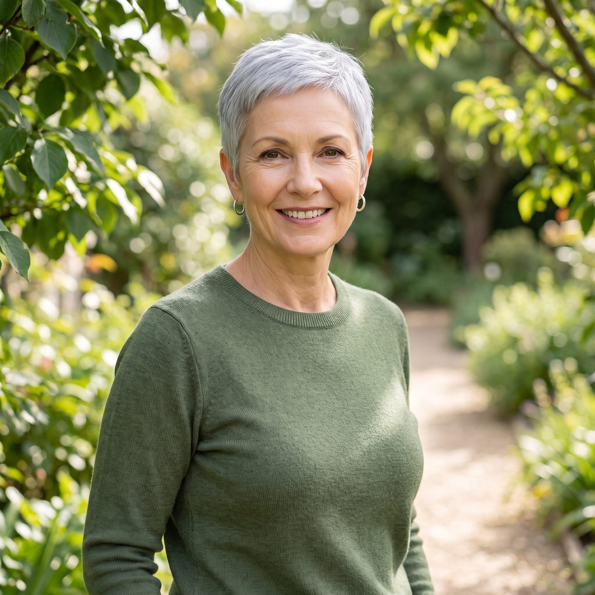 Woman with a short silver pixie toned to a very flat cool gray-blue shade