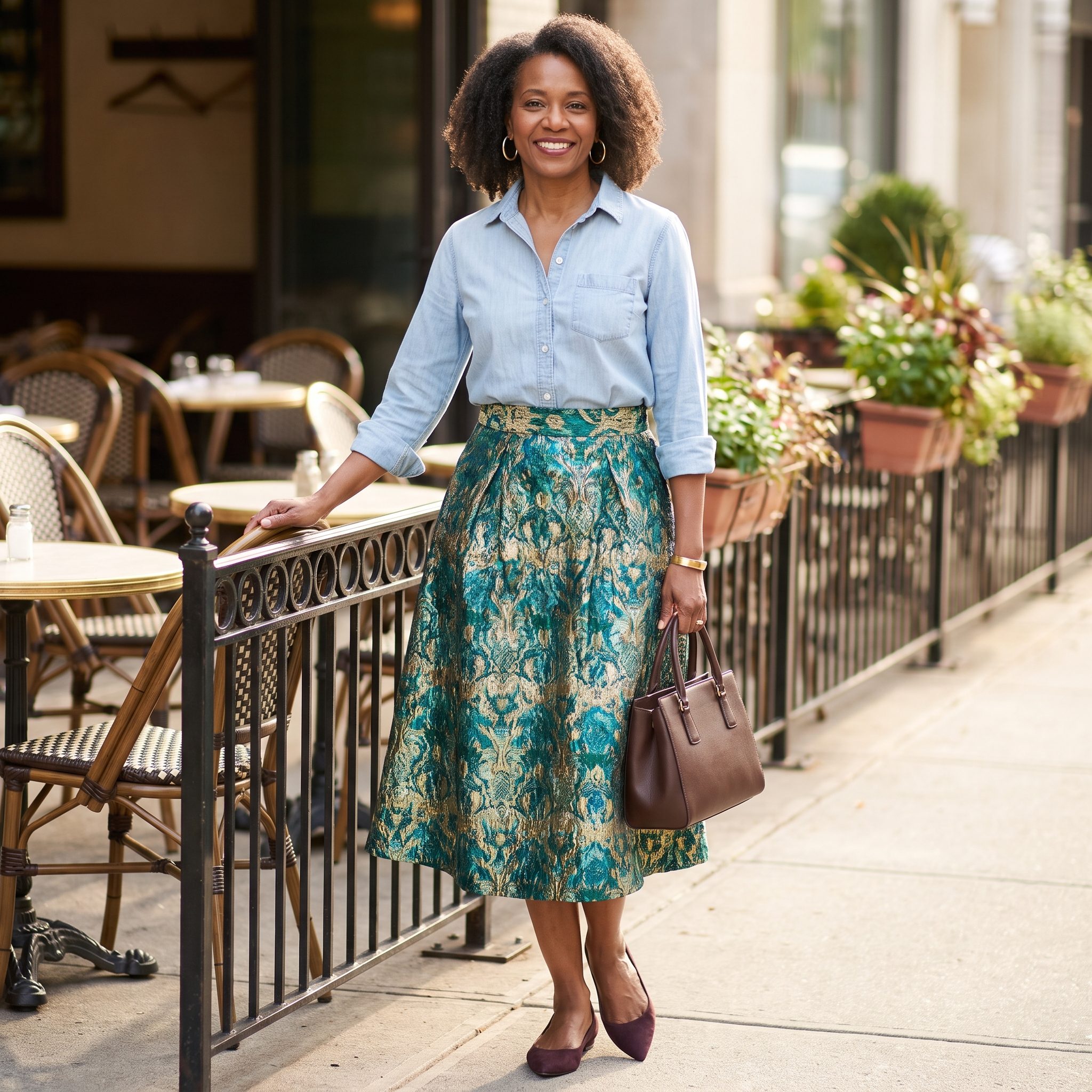 Modern Brocade Midi + Relaxed Chambray Shirt