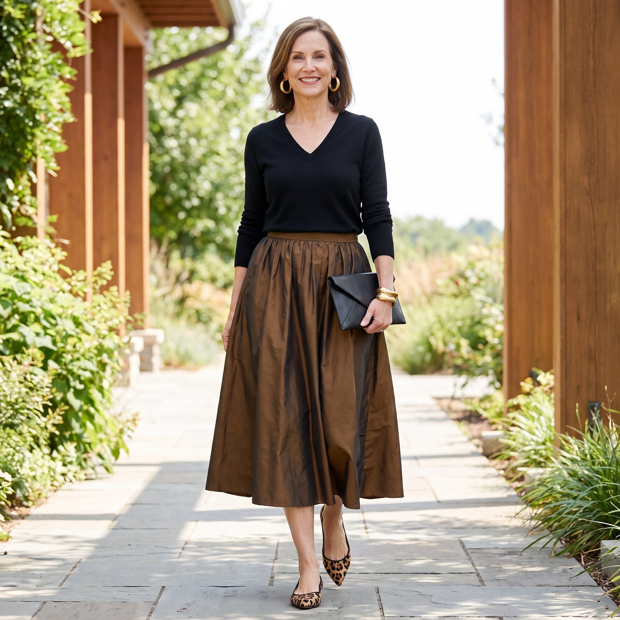 Modern Taffeta Midi + Simple V-Neck Knit