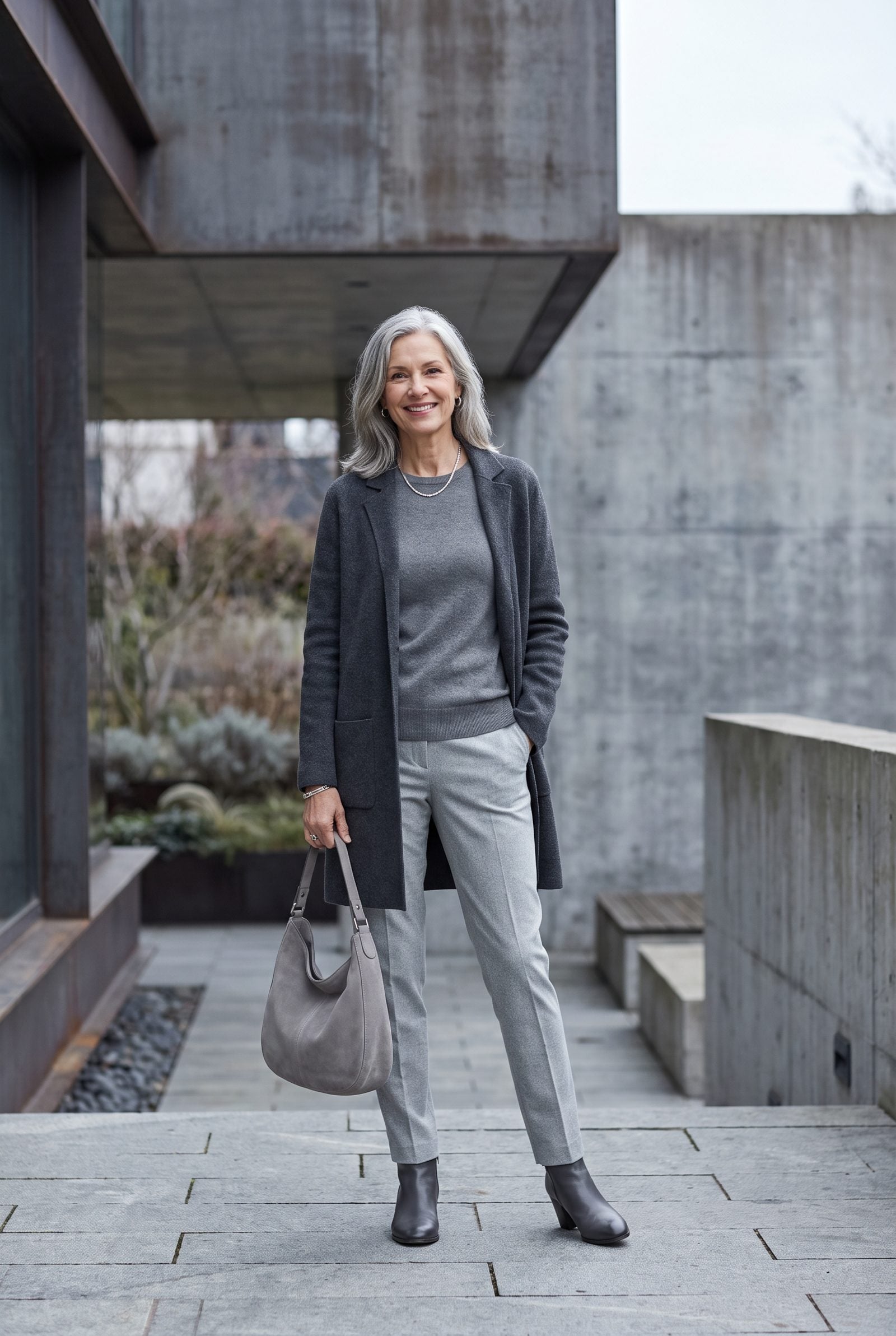 Monochrome Gray Cardigan Coat With a Knit Top and Trousers