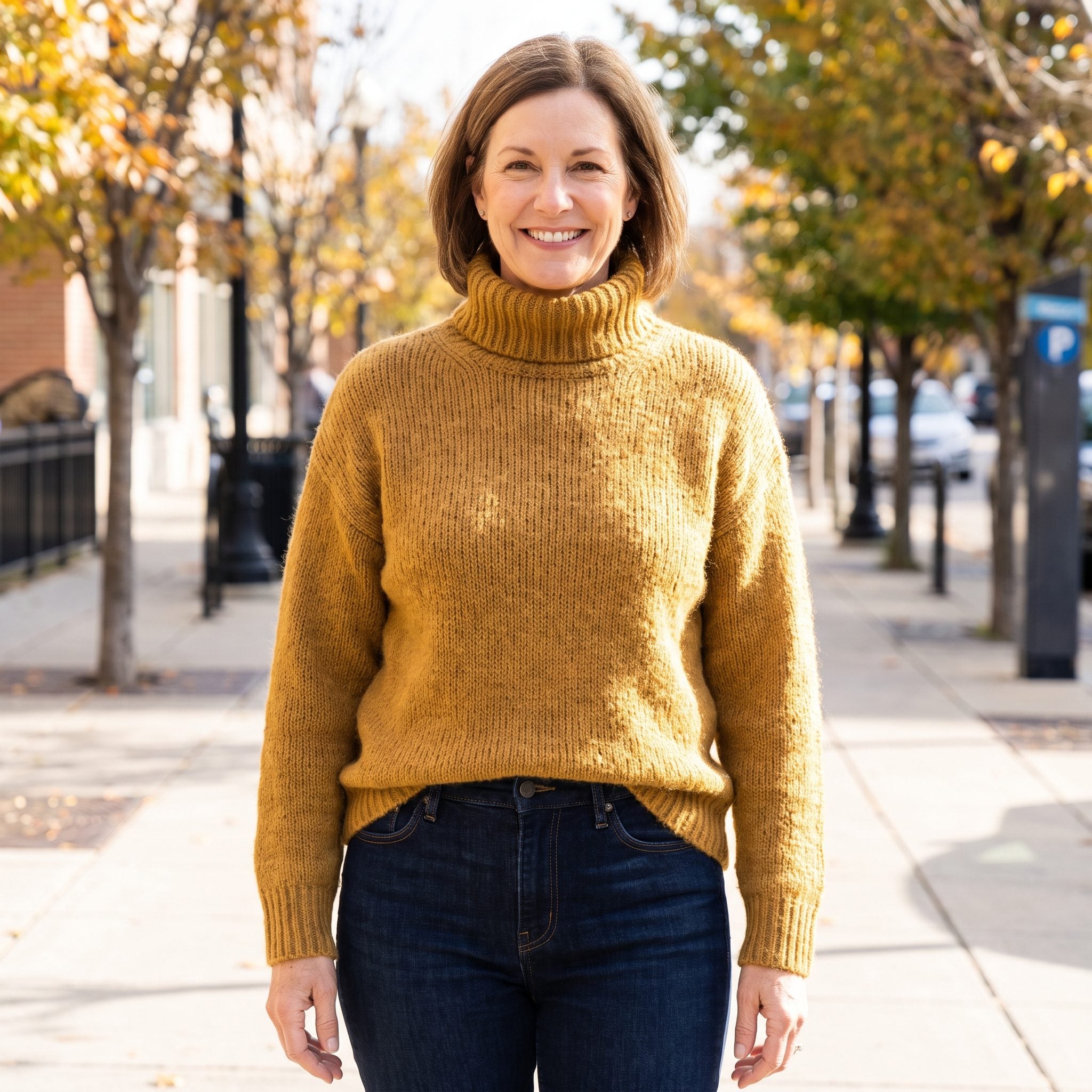 Mustard-Gold Turtleneck With Deep-Indigo Jeans