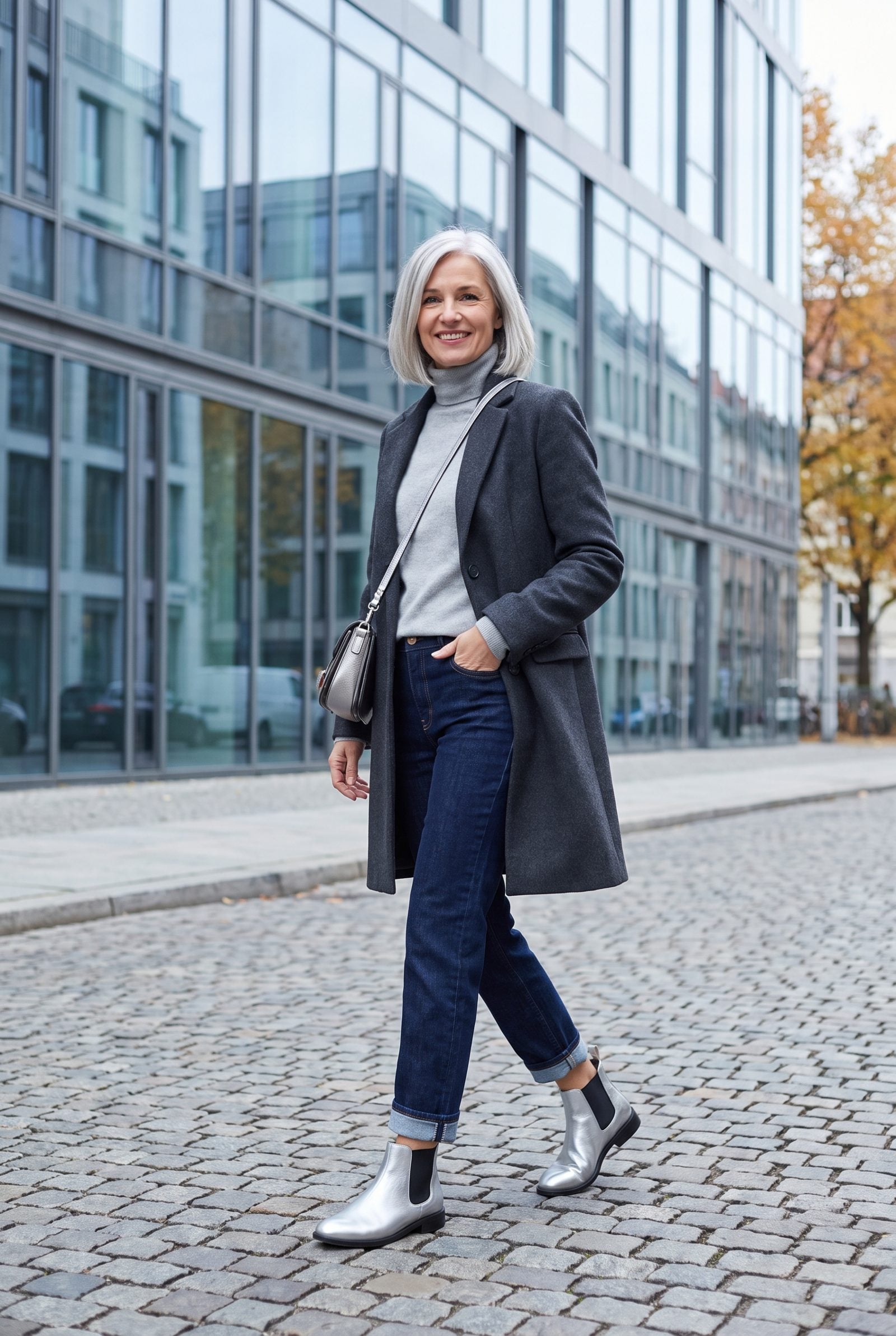 Woman in dark skinny jeans and rust blouse with a narrow strip of bare ankle showing above low suede boots.
