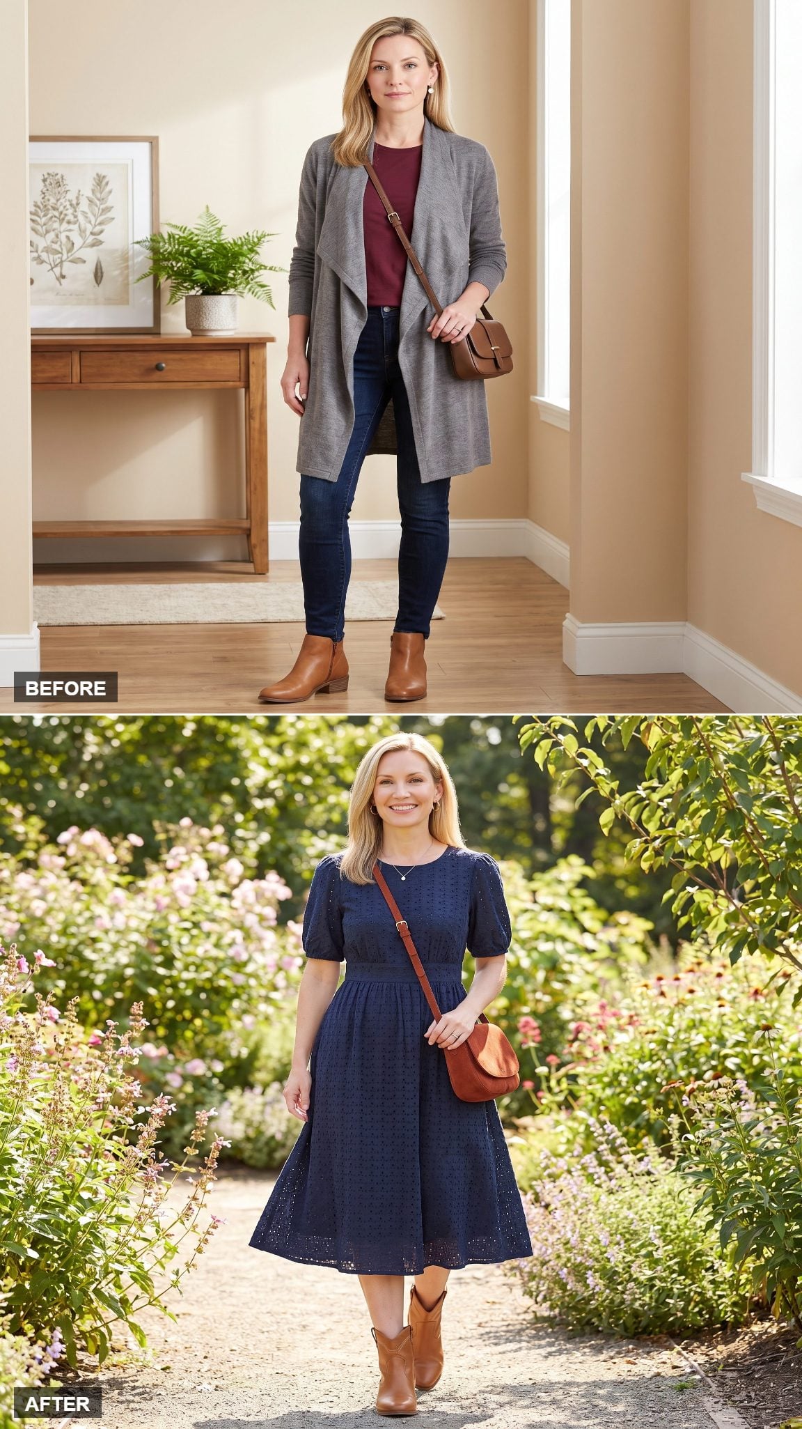 Navy Eyelet Midi + Western Boots: Soft Fabric, Hard Attitude