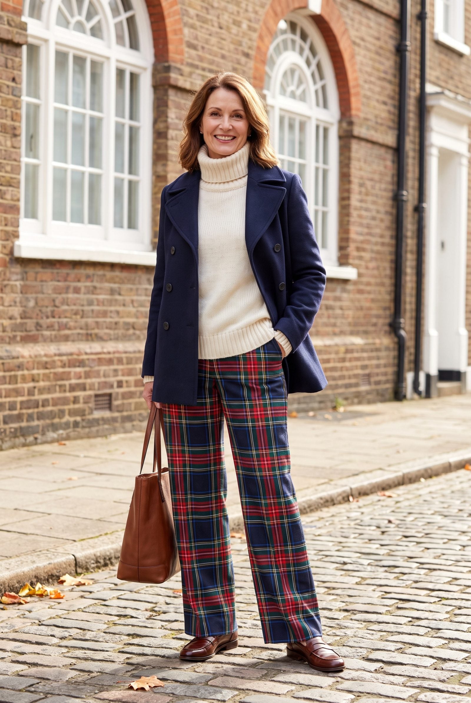 Navy Peacoat Over a Roll-Neck Sweater and Plaid Pants