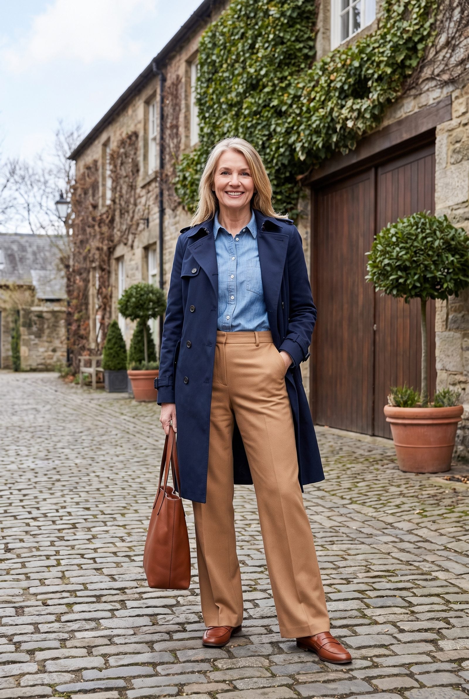 Navy Trench Over a Chambray Shirt and Camel Trousers