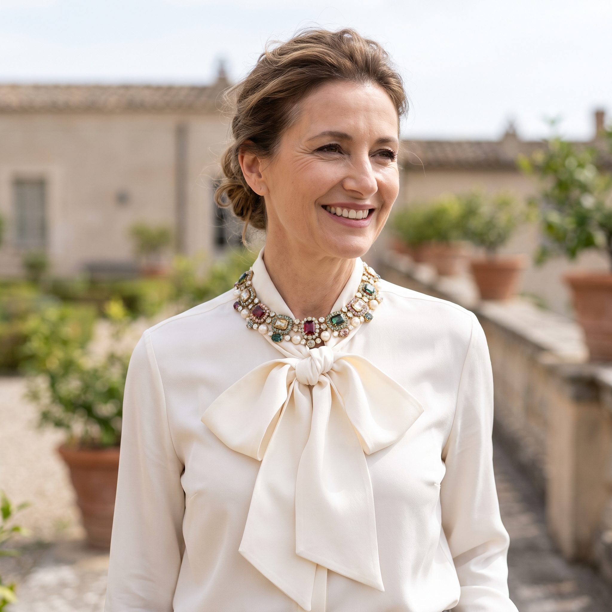 Woman in an ivory blouse with a large neck bow wearing a jeweled statement necklace directly beneath it.