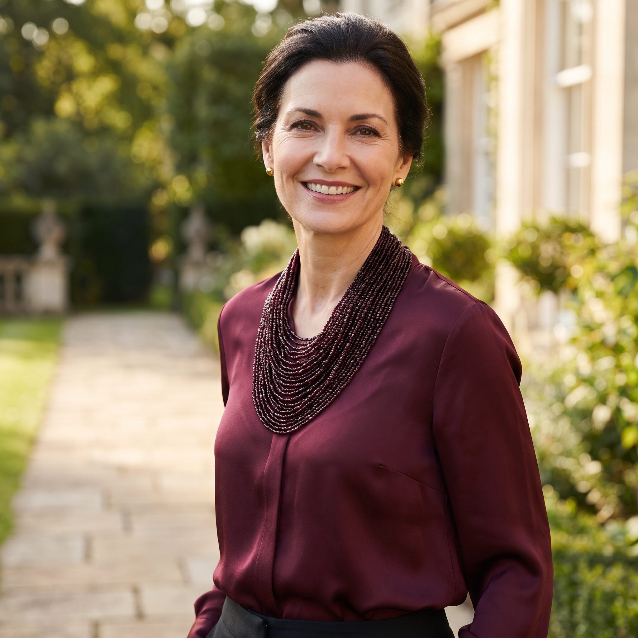 Woman in a burgundy silk blouse and a burgundy beaded necklace that blends into the matching fabric.