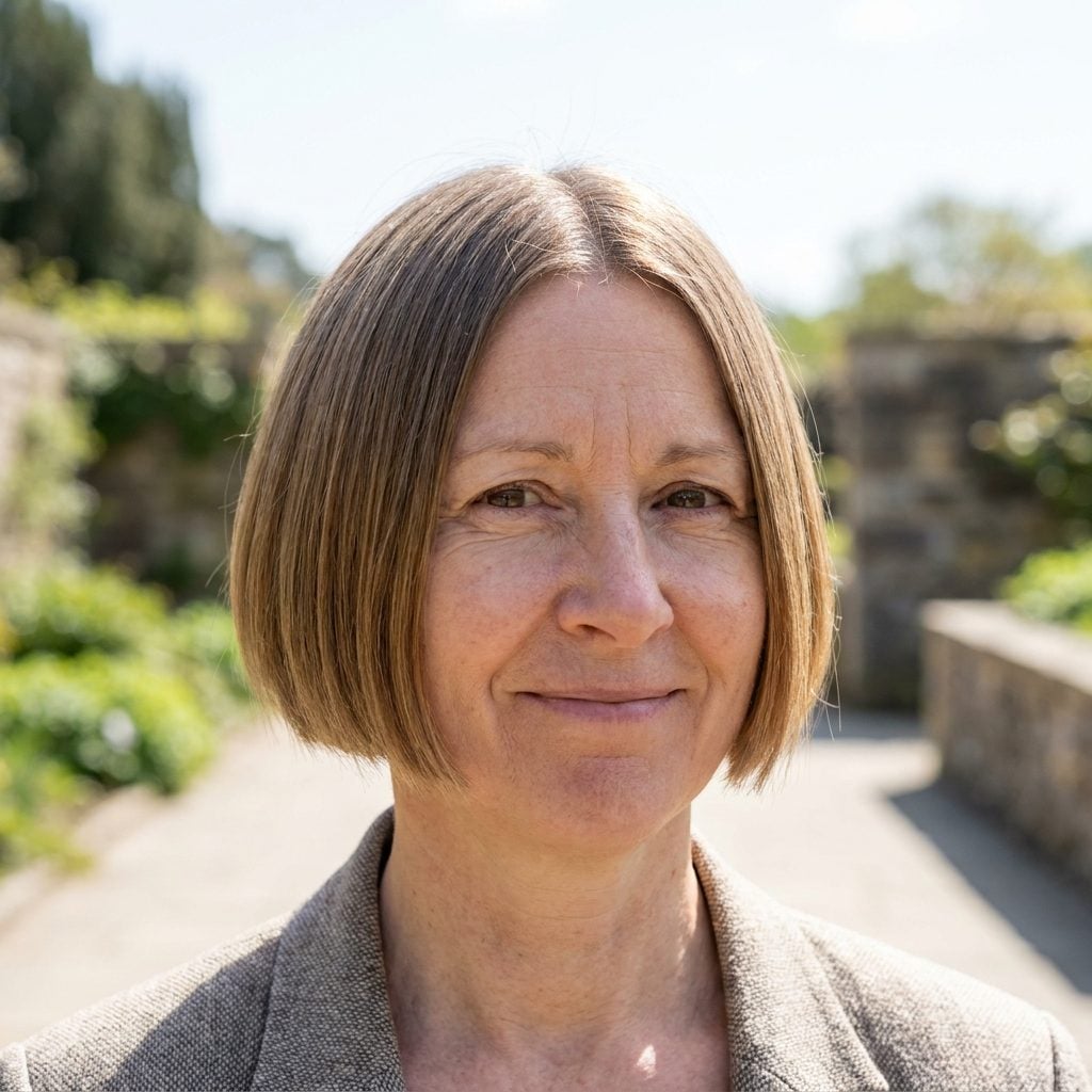 Woman with a blunt one-length auburn bob and flat front pieces hanging straight against her cheeks with no face-framing