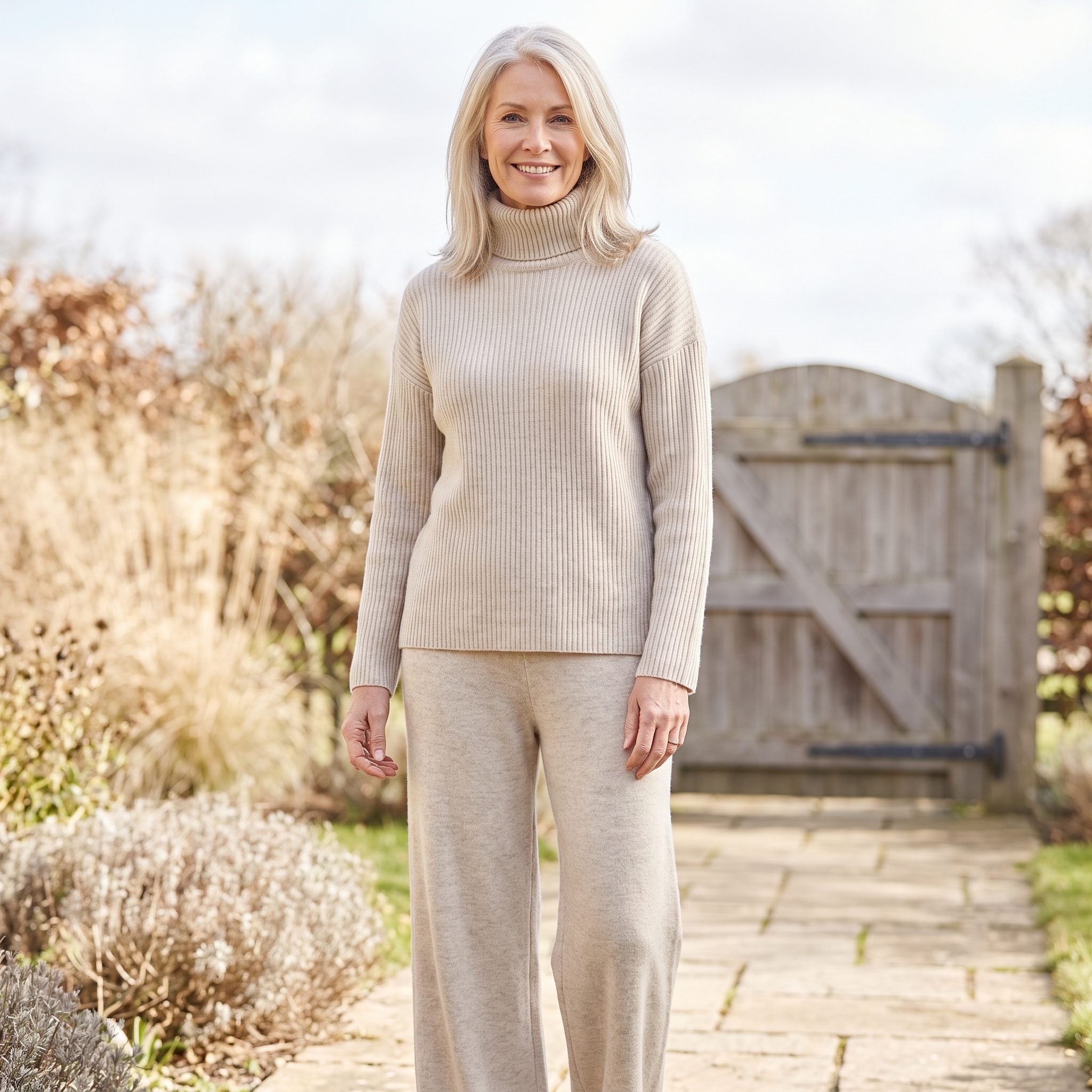 Oatmeal Ribbed Turtleneck With Matching Knit Trousers