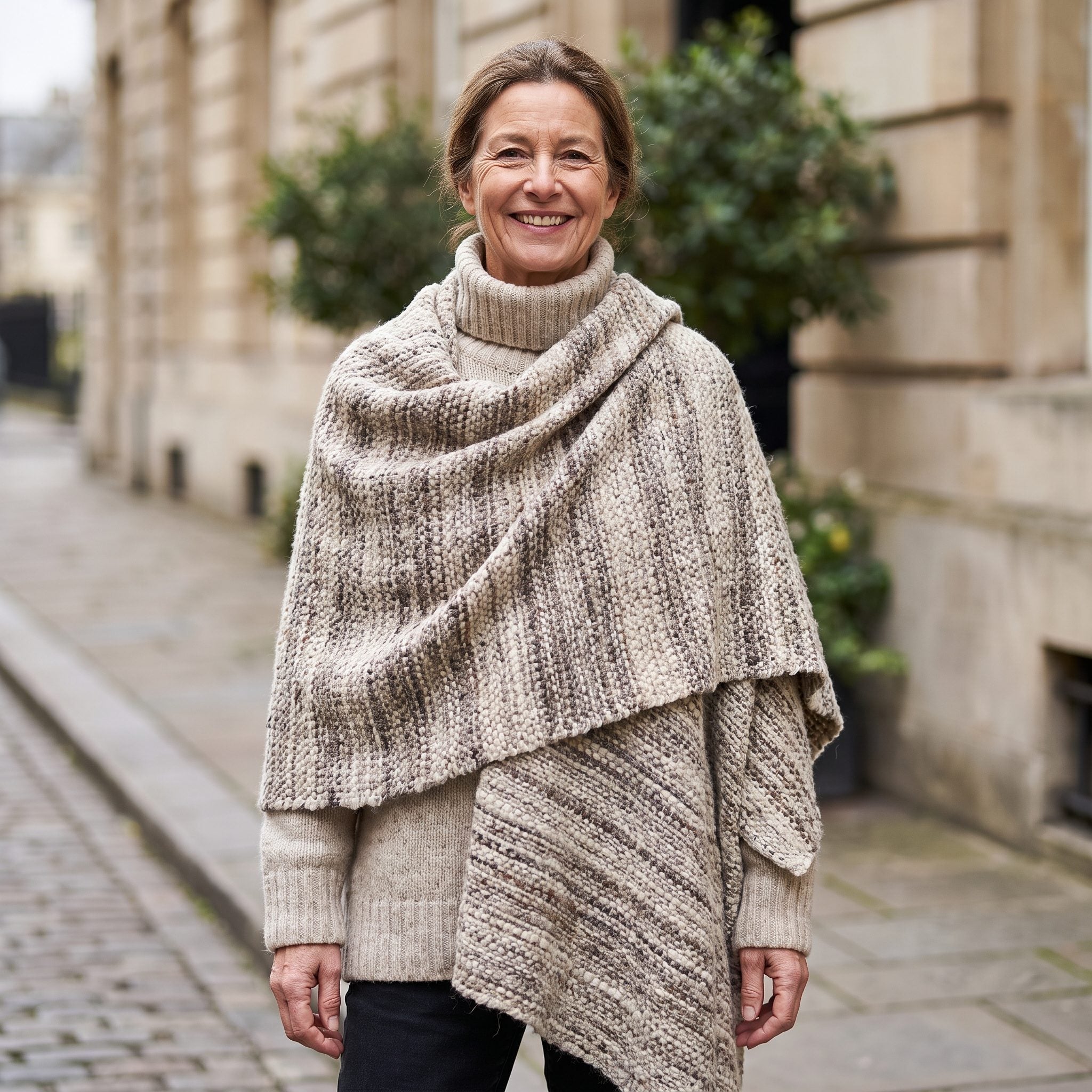 Oatmeal Turtleneck Under an Asymmetric Woven Wrap