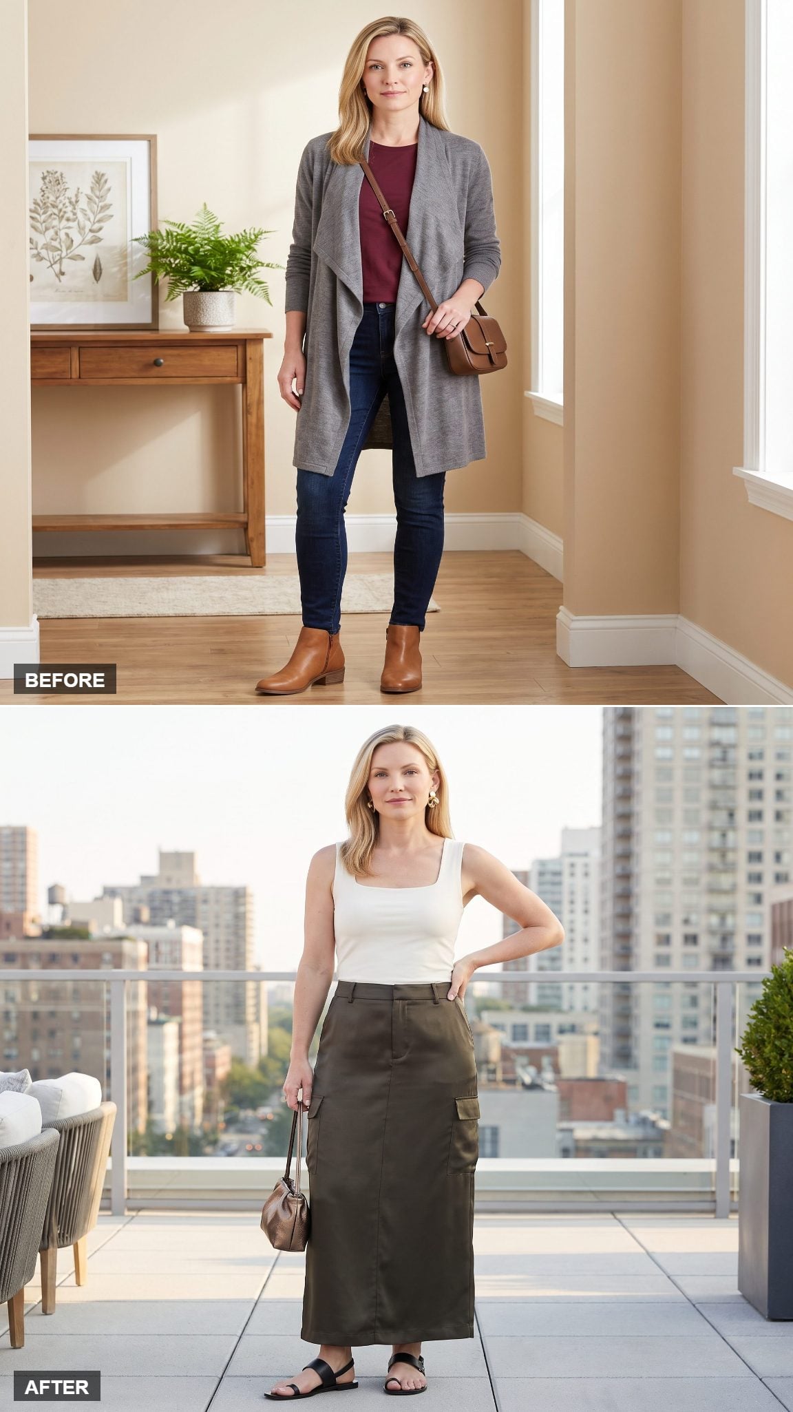 Olive Satin Cargo Skirt and a Minimal Tank