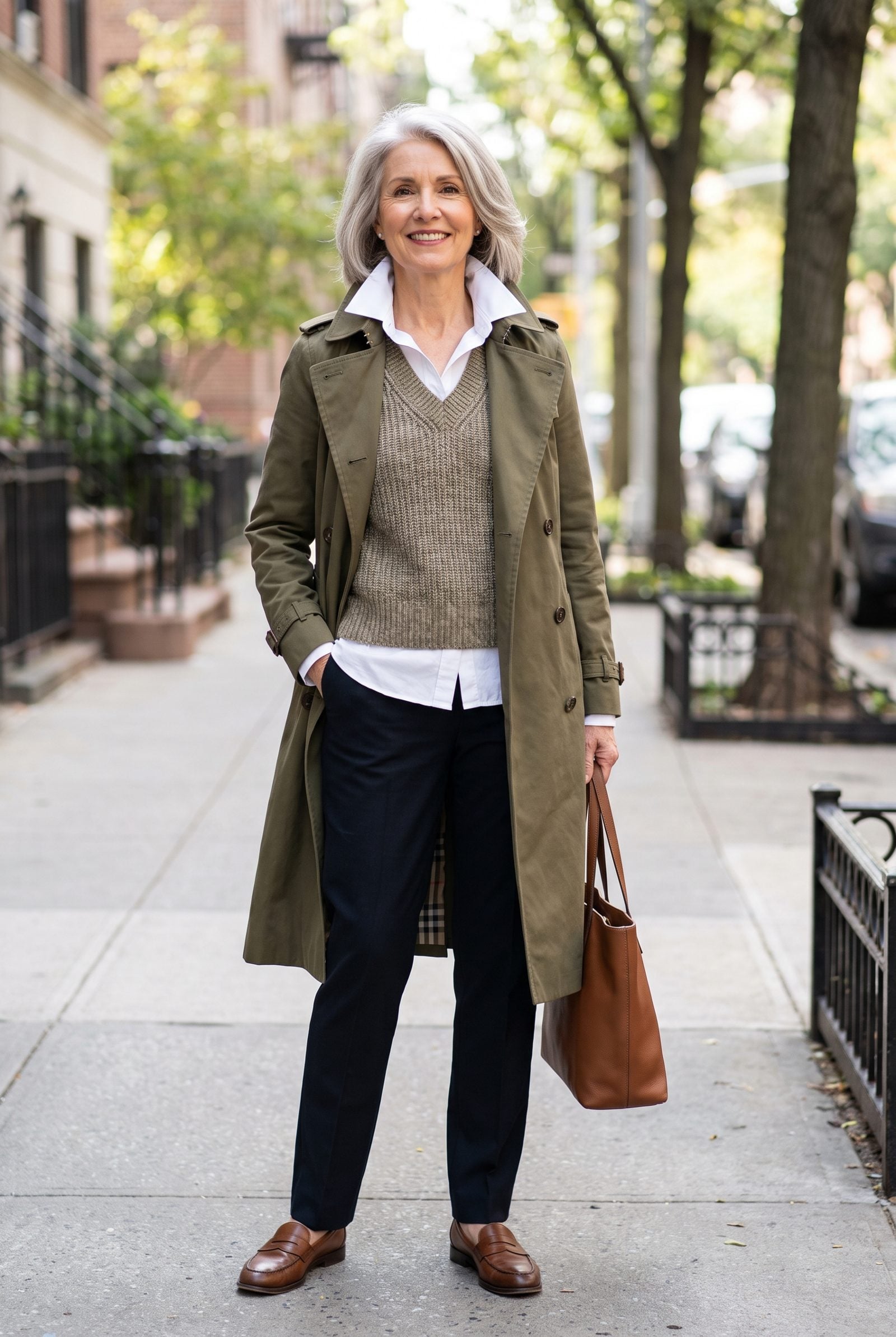 Olive Trench Over a Sweater Vest and White Shirt