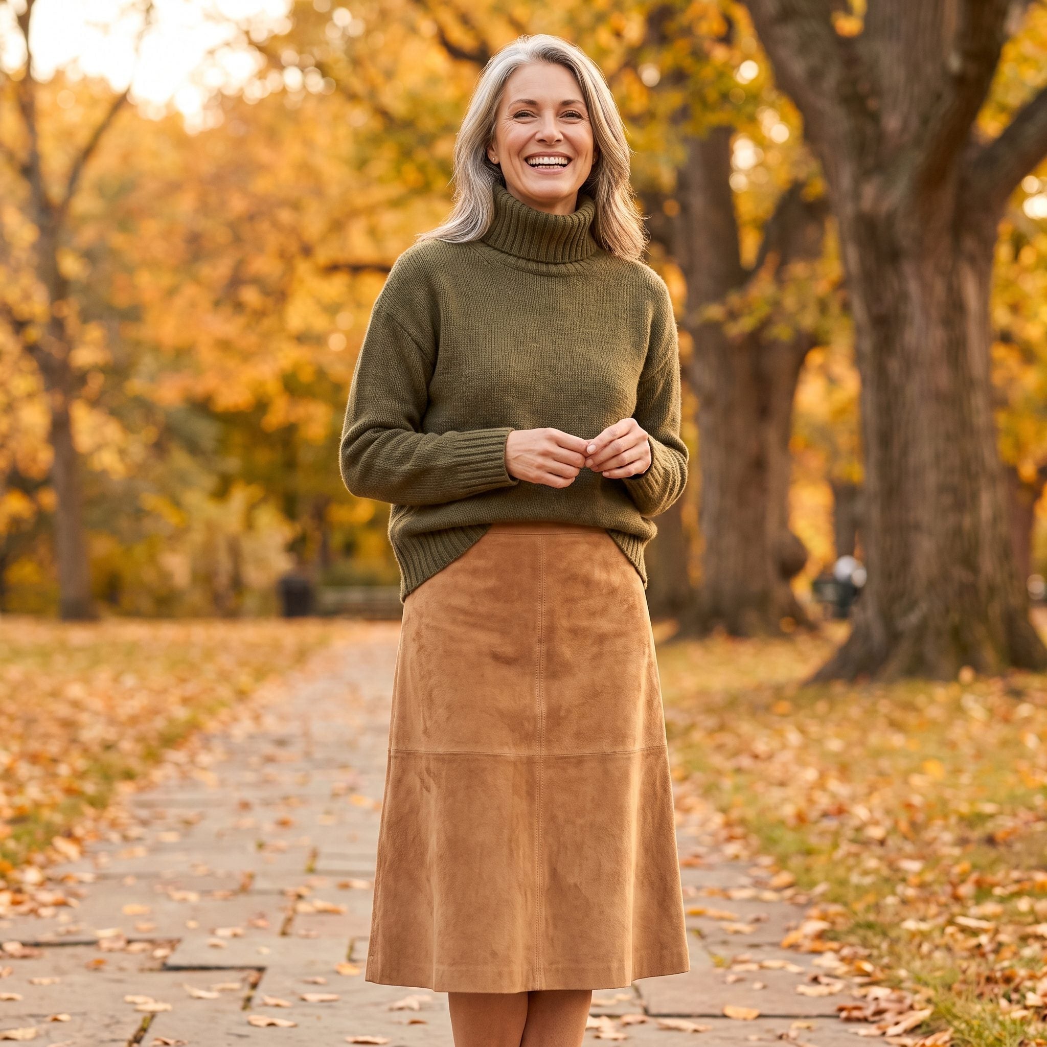 Olive Turtleneck With a Camel Suede Skirt