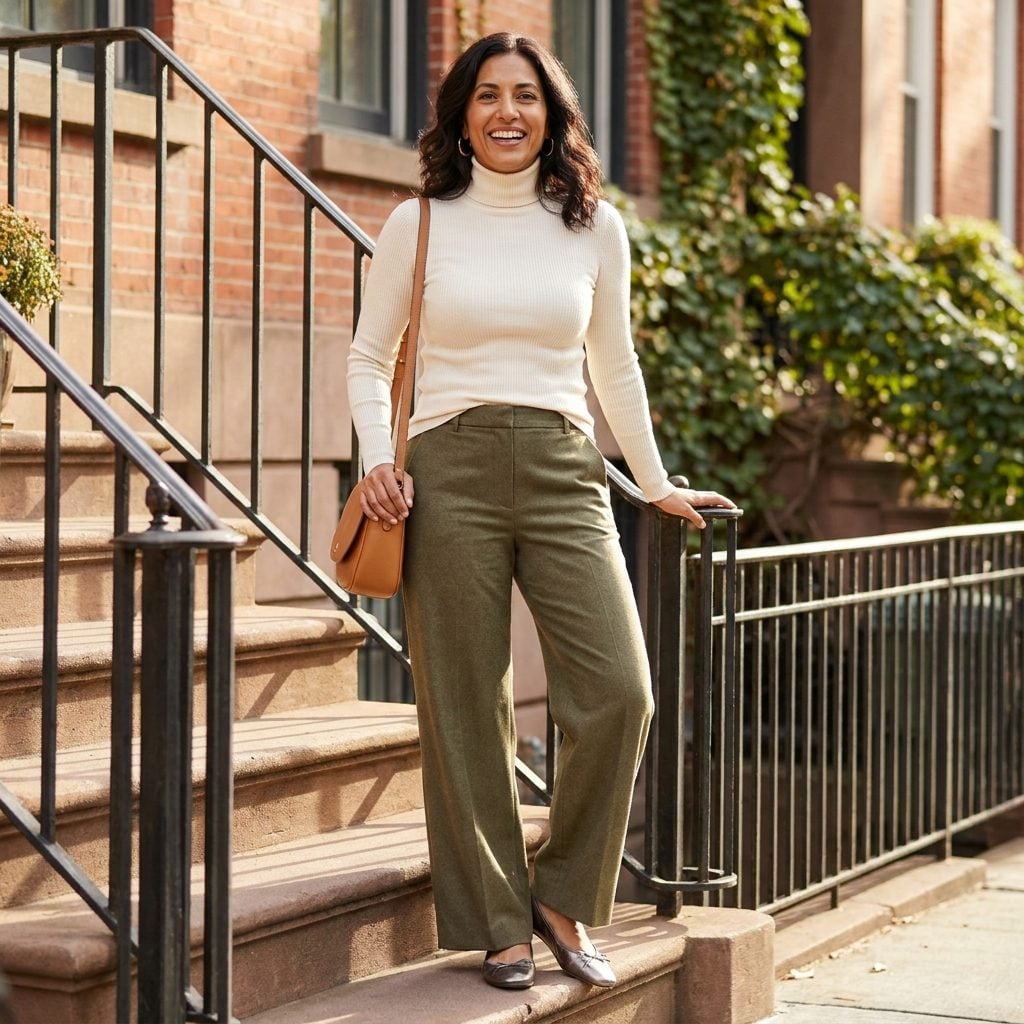 Olive Wide-Leg Trousers + Metallic Pewter Ballet Flats