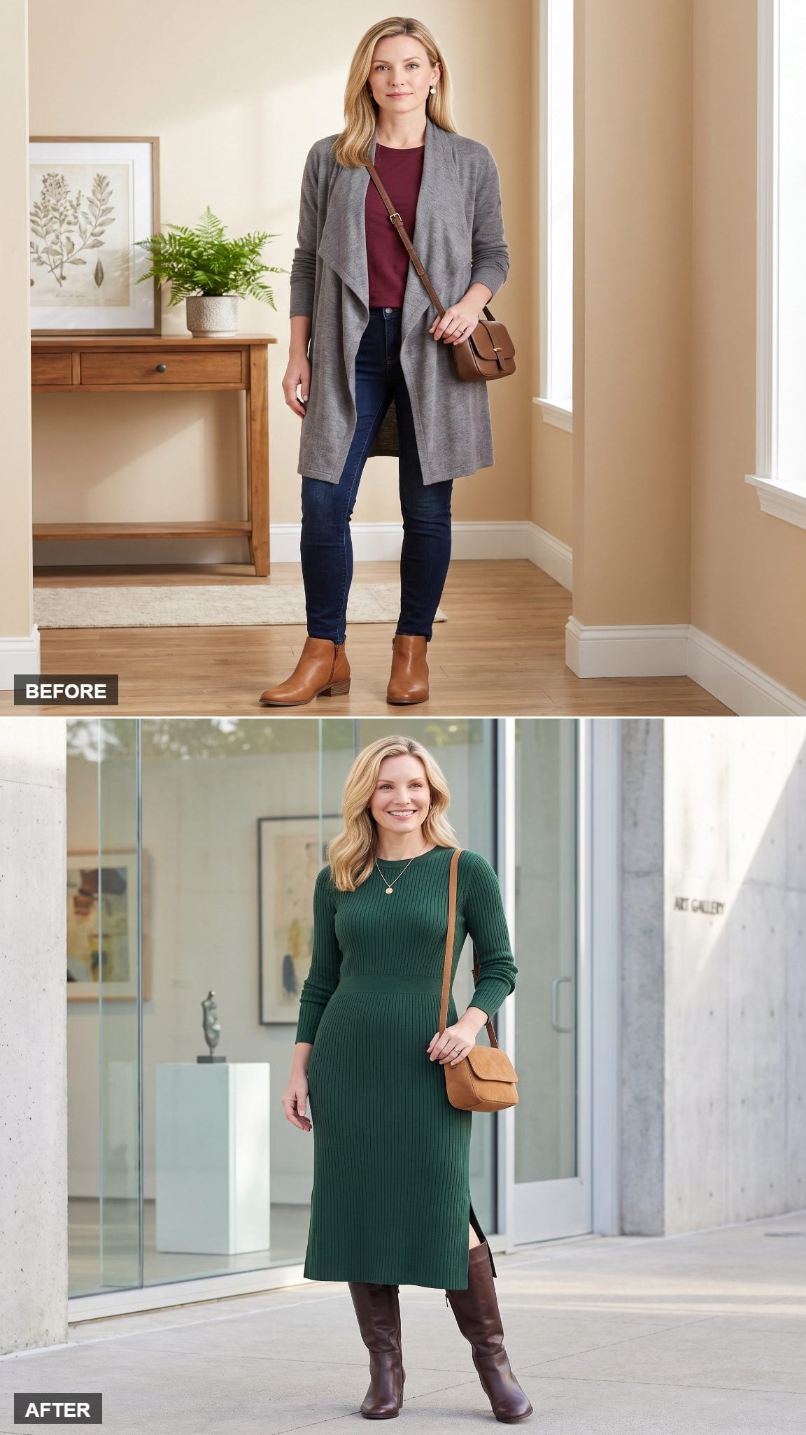 One Column of Green Knit, Head to Boot