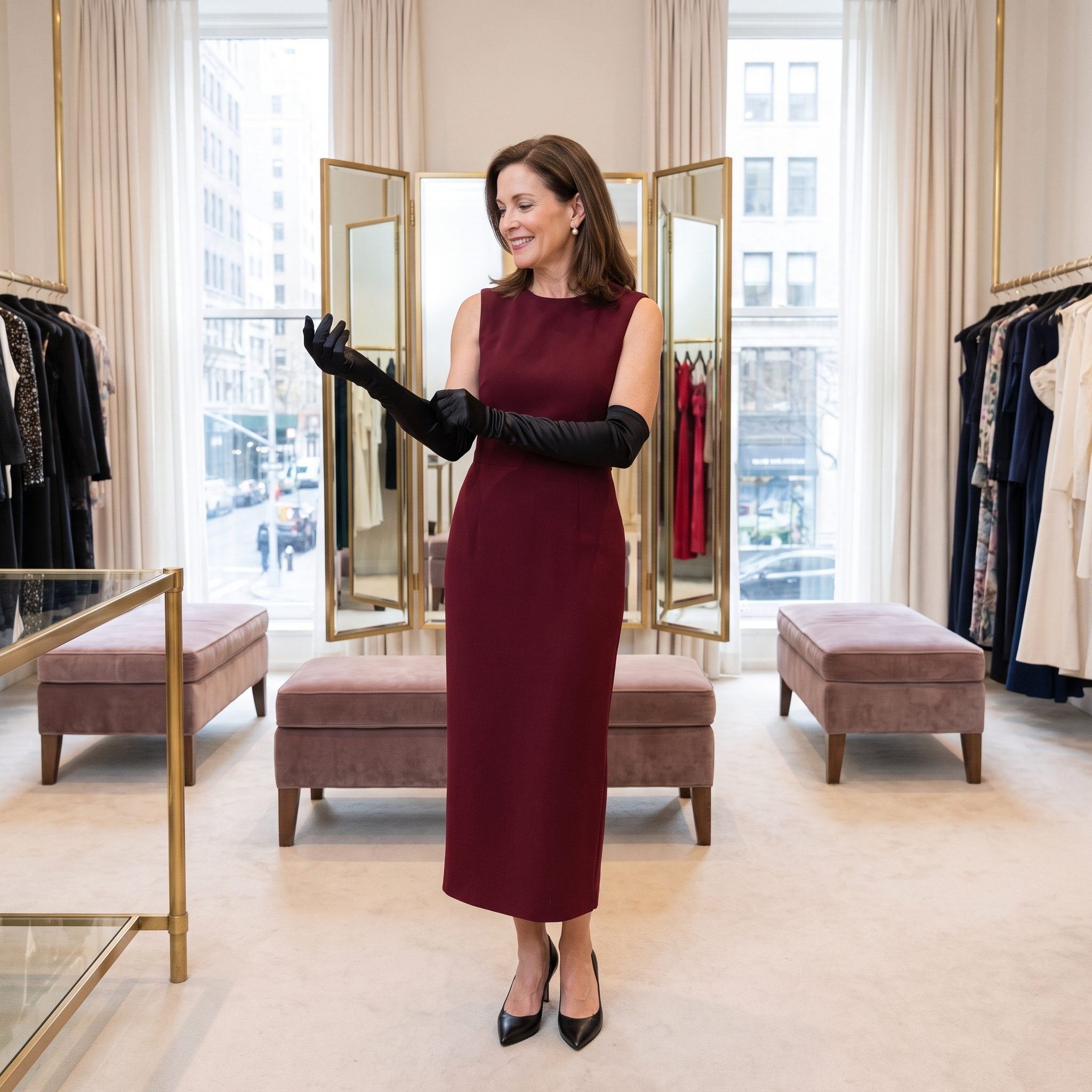 Opera Gloves + Sleeveless Midi Dress