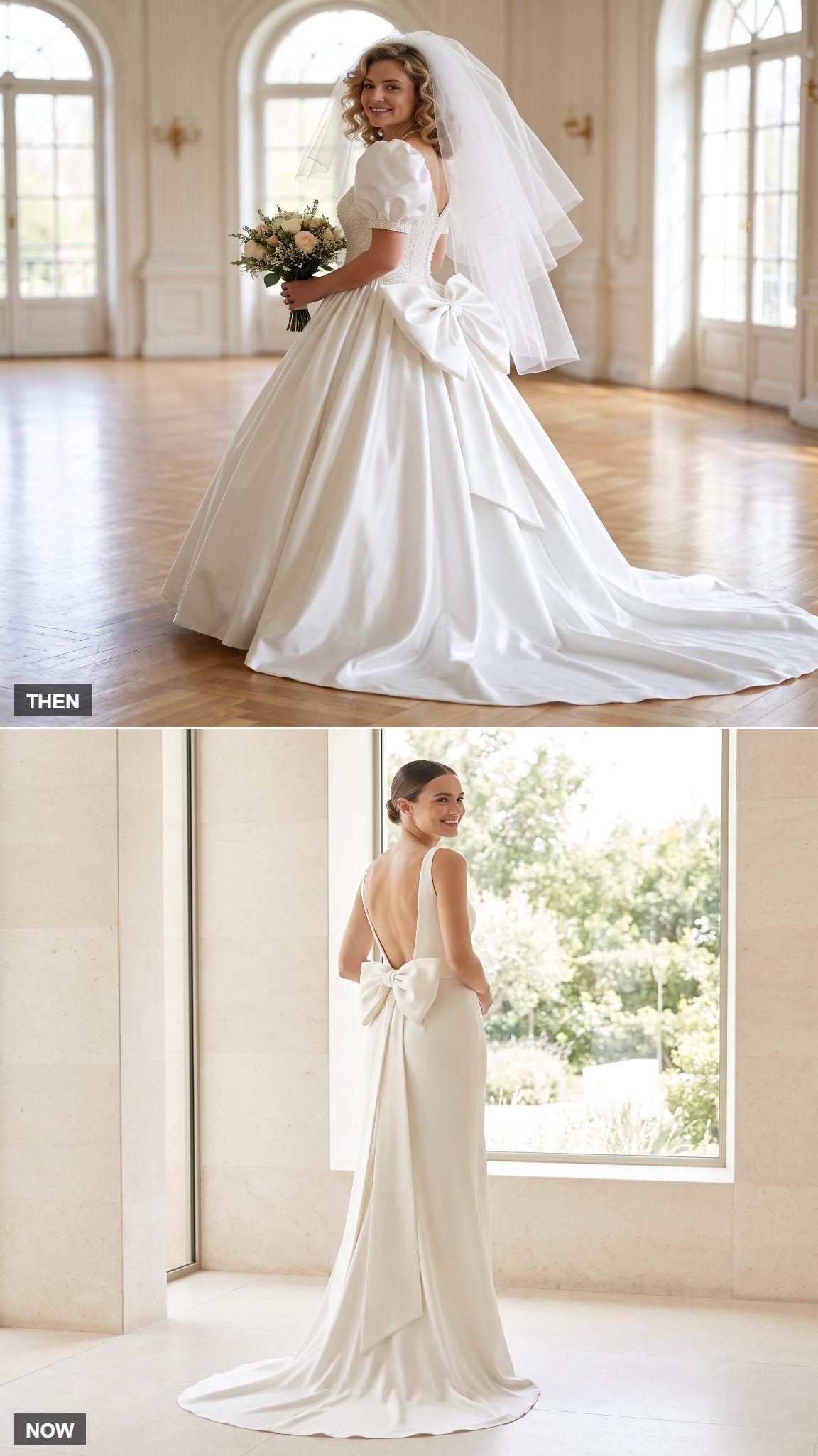Oversized Bow-Back Ball Gown → Minimal Bow-Back Column