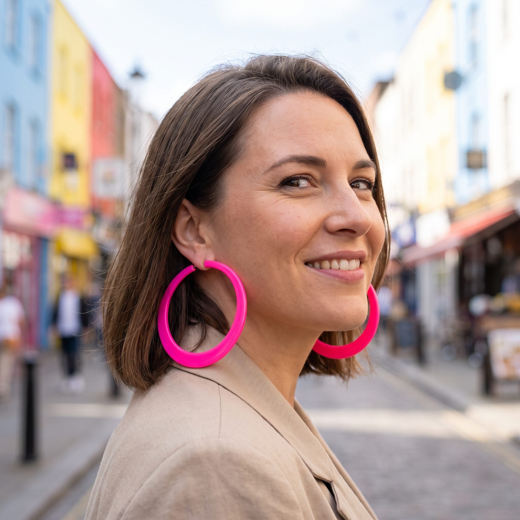 Oversized Plastic Hoop Earrings in Highlighter Pink