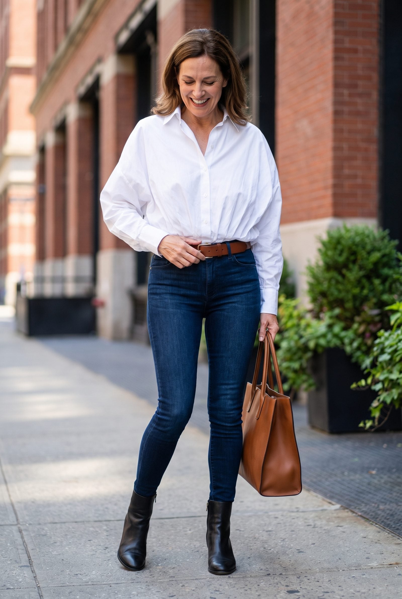 Woman in an oversized white poplin shirt tucked into dark skinny jeans, with a thick ring of gathered fabric bunched around