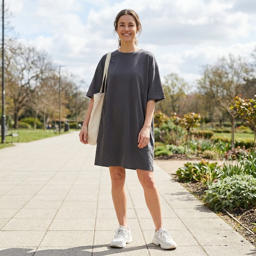 Woman in a loose grey t-shirt dress and oversized white dad sneakers, no waist definition and both pieces bulky.