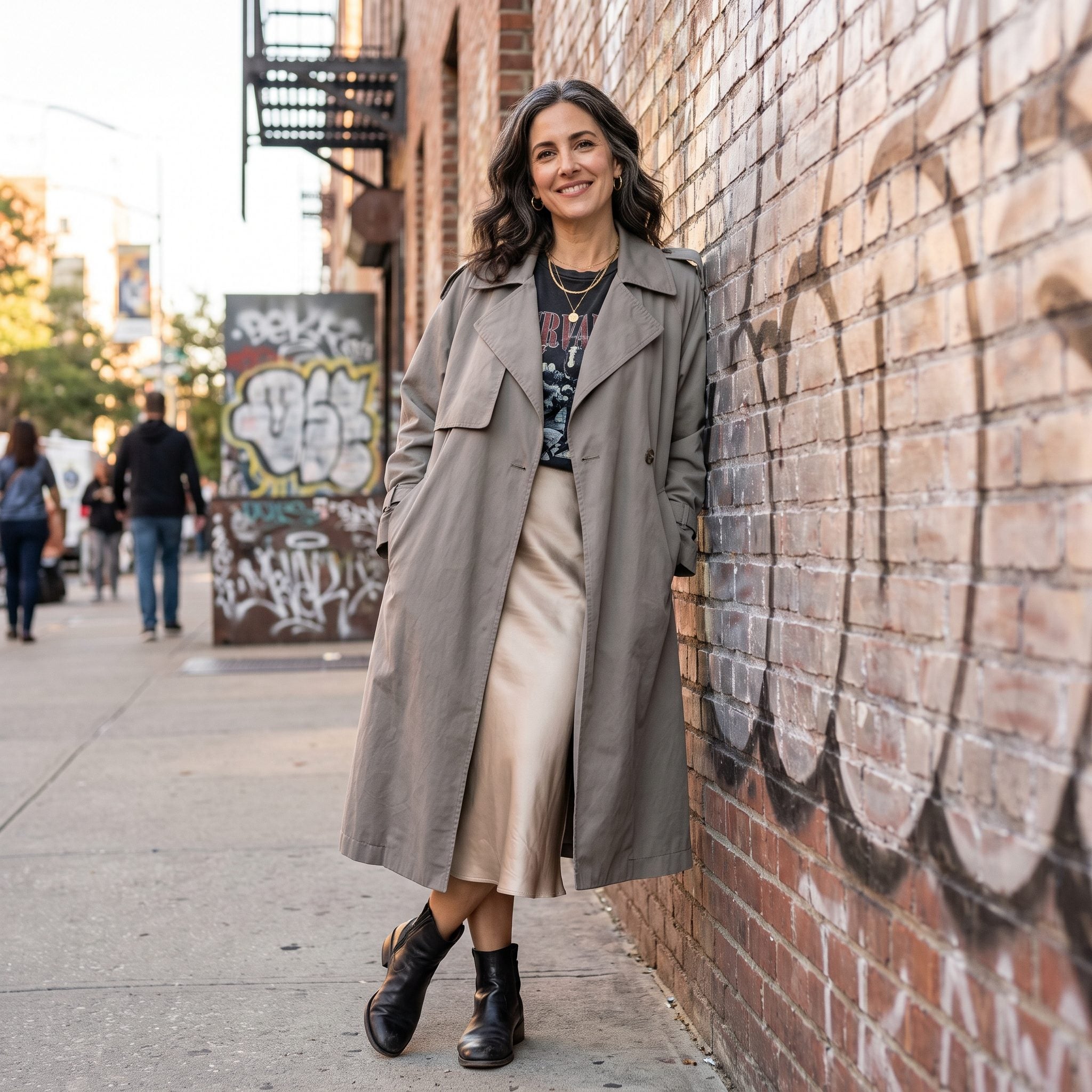 Oversized Trench Over a Slip Skirt and a Vintage Band Tee, Half Undone on Purpose