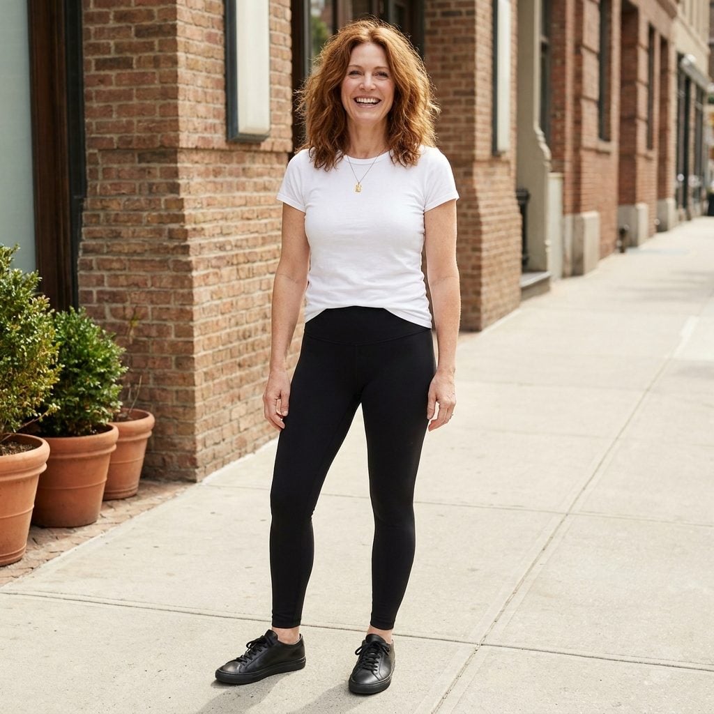 Woman in black leggings and a fitted white crew-neck t-shirt with no top layer or added volume.