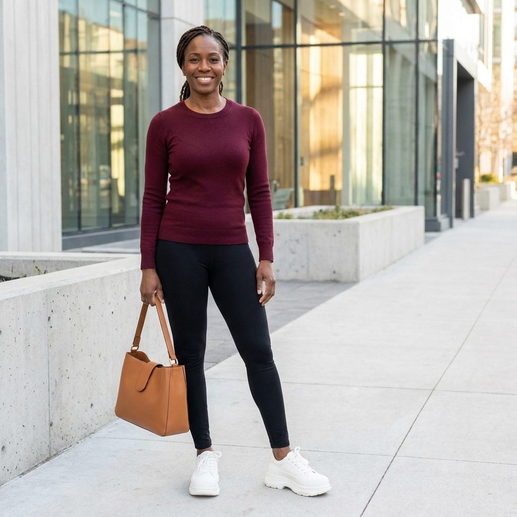Woman in slim black leggings and a burgundy sweater wearing heavy chunky white platform sneakers.