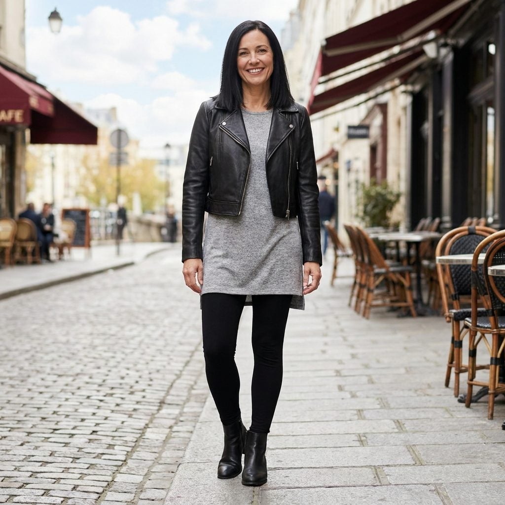 Woman in black leggings, a gray longline tunic, and a cropped moto jacket ending at the waist over the longer tunic.