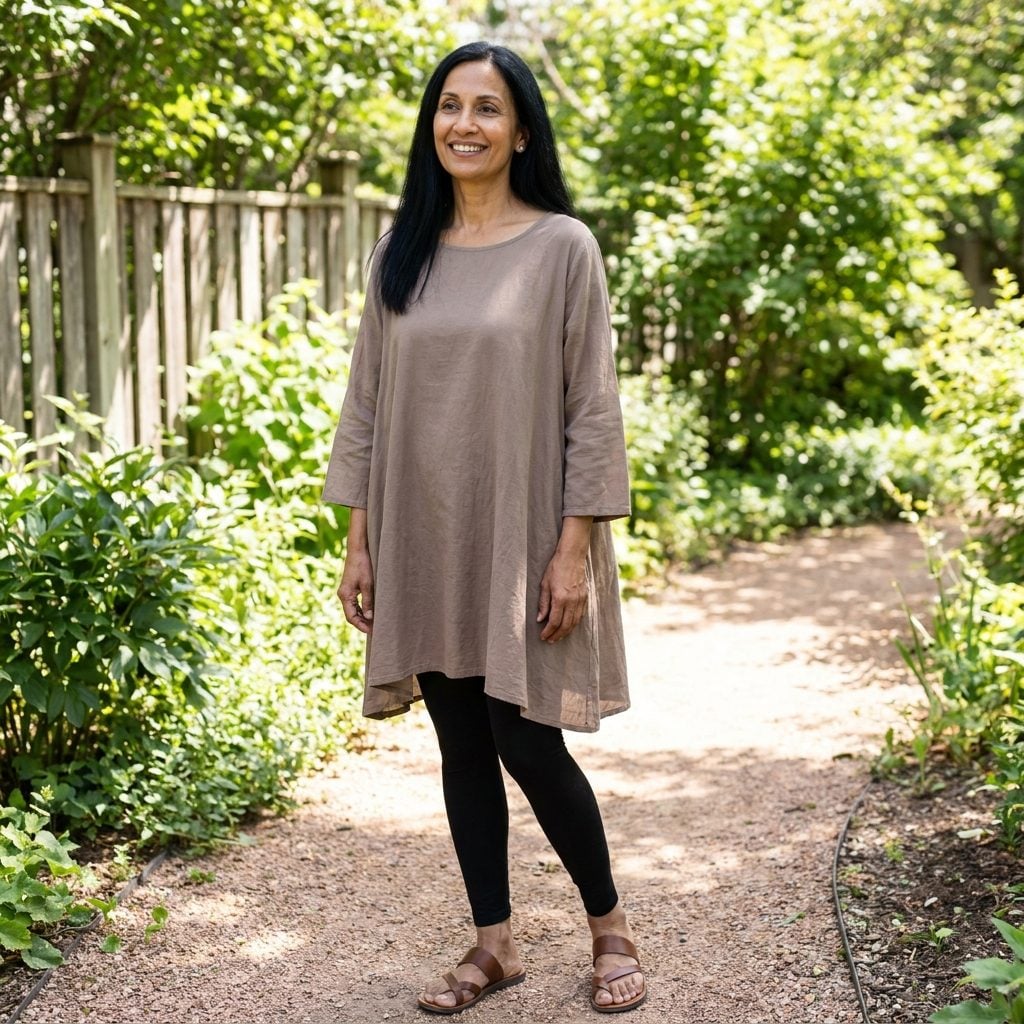 Woman in black leggings and an oversized taupe tunic hanging loose past the thigh with no waist definition.