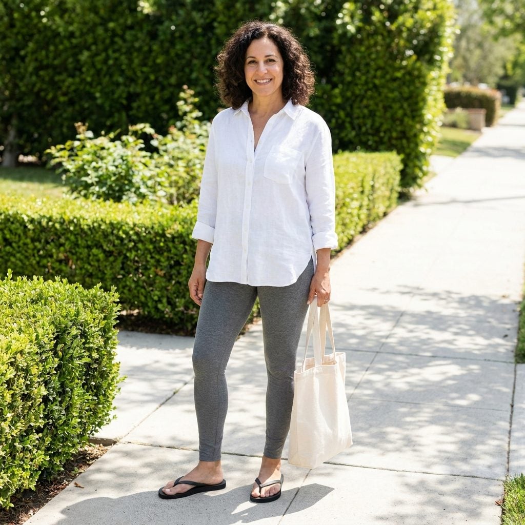 Woman in grey leggings and a white linen shirt wearing plain black rubber flip-flops.