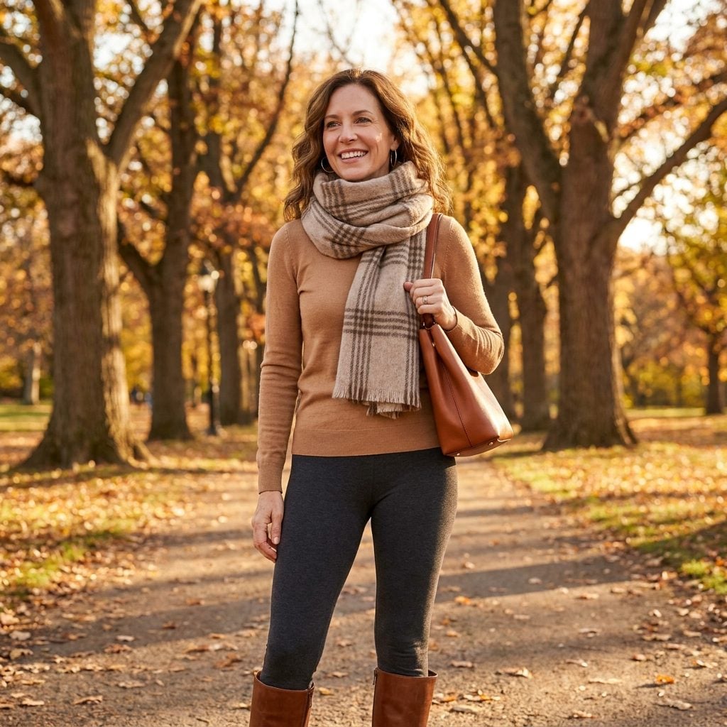 Woman in charcoal leggings and a camel sweater with an oversized scarf wound four times to chin height.