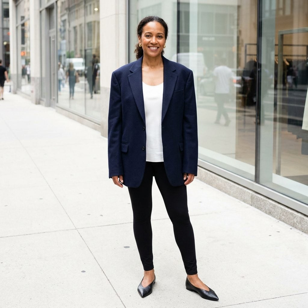 Woman in black leggings and a navy blazer with collapsed shoulder seams and sleeves covering half her hands.