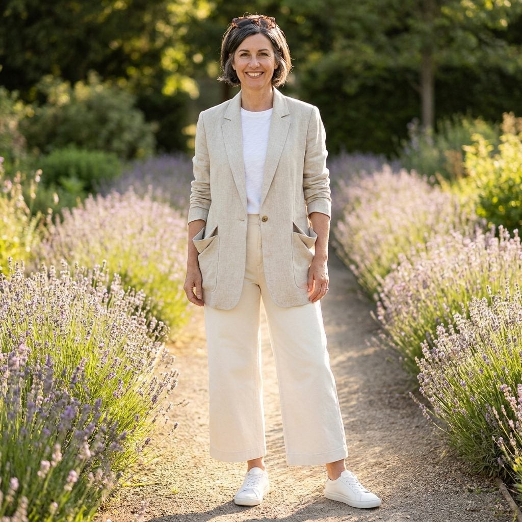 Woman in an oatmeal linen blazer and wide ecru trousers, hip patch pockets sagging and gaping away from the body.