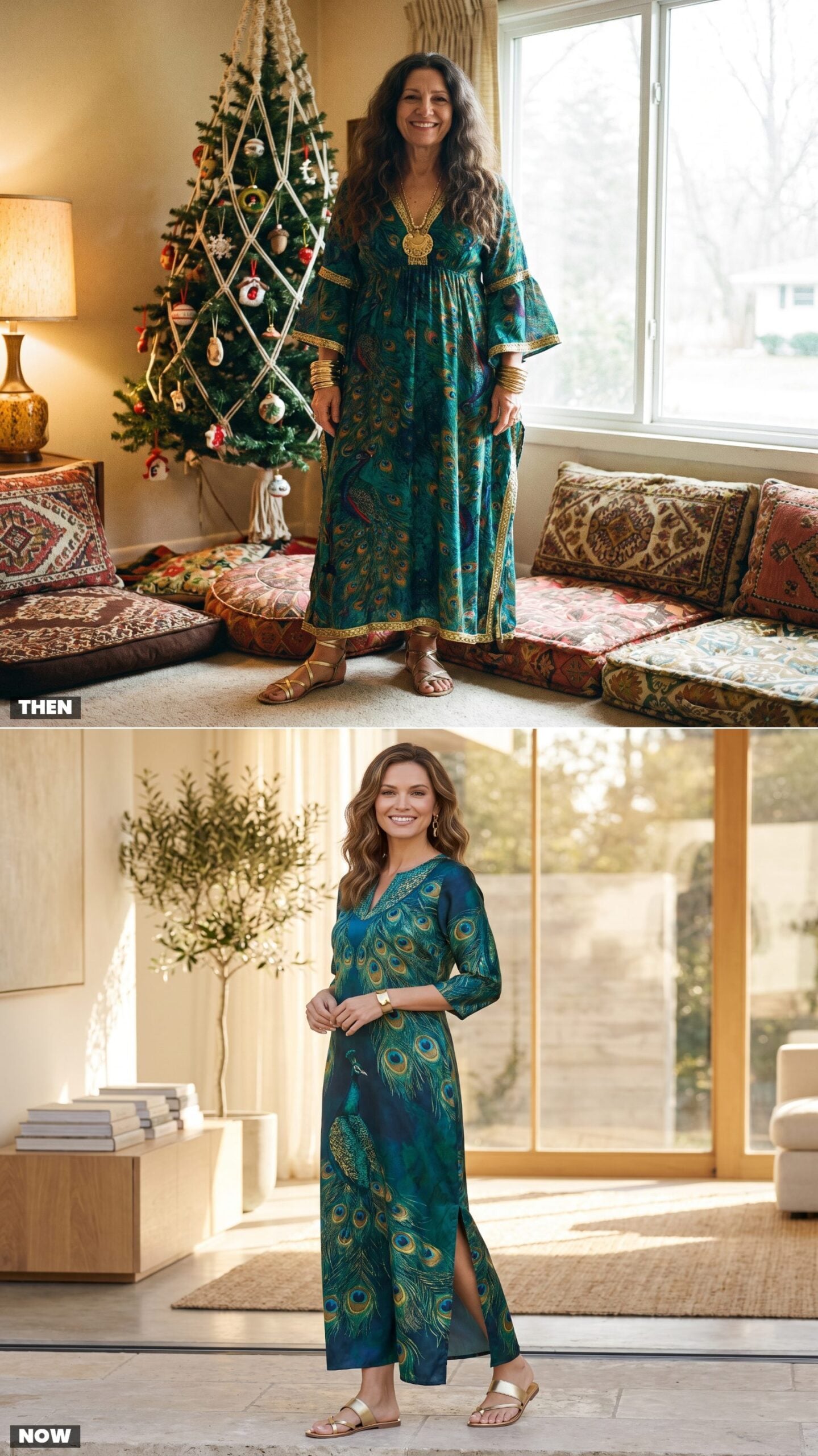 The Peacock-Print Caftan With Gold Sandals