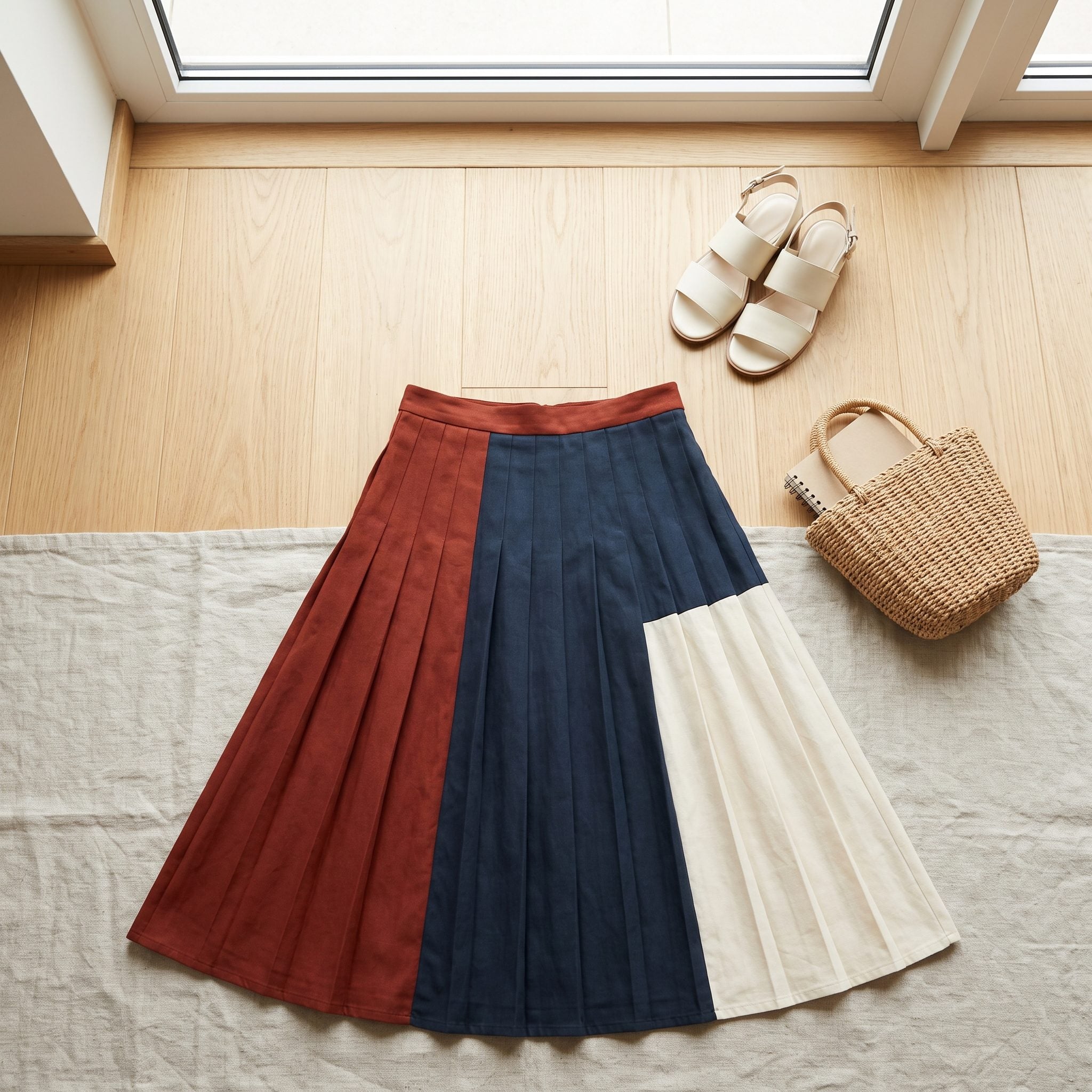 Geometric pleated midi skirt in rust, ink blue, and cream