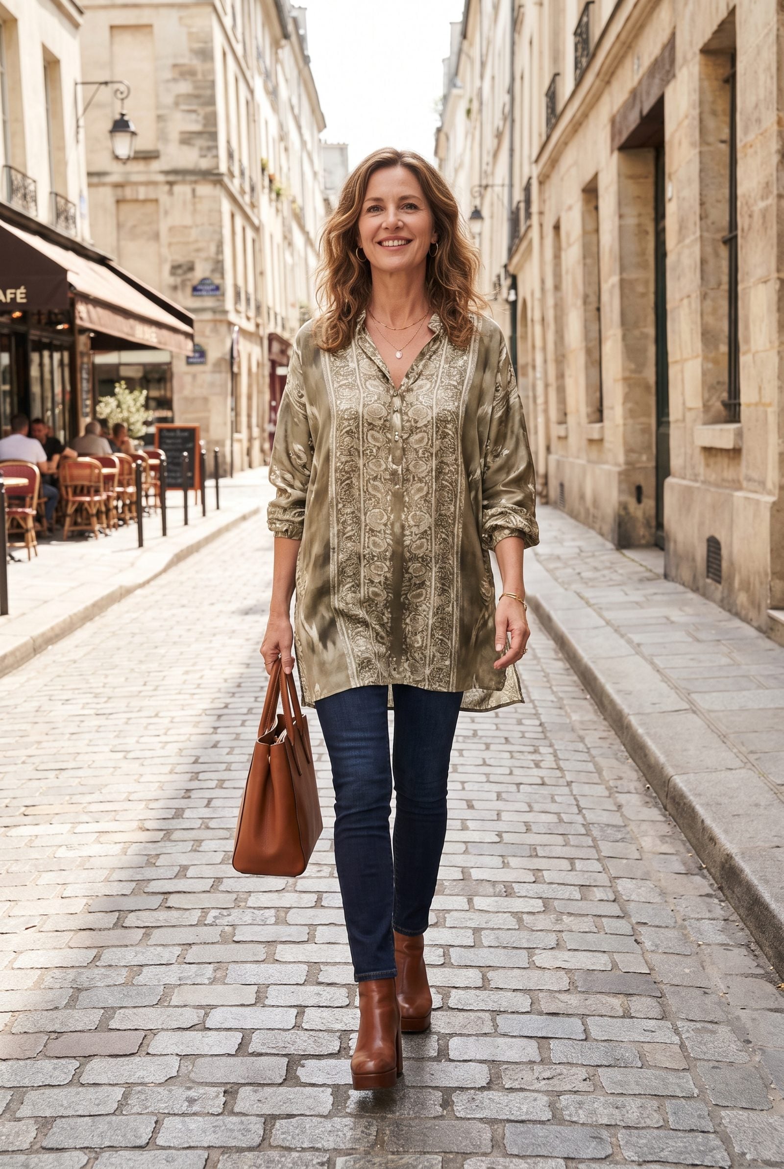 Petite woman in a long charcoal tunic over dark skinny jeans and black platform booties.