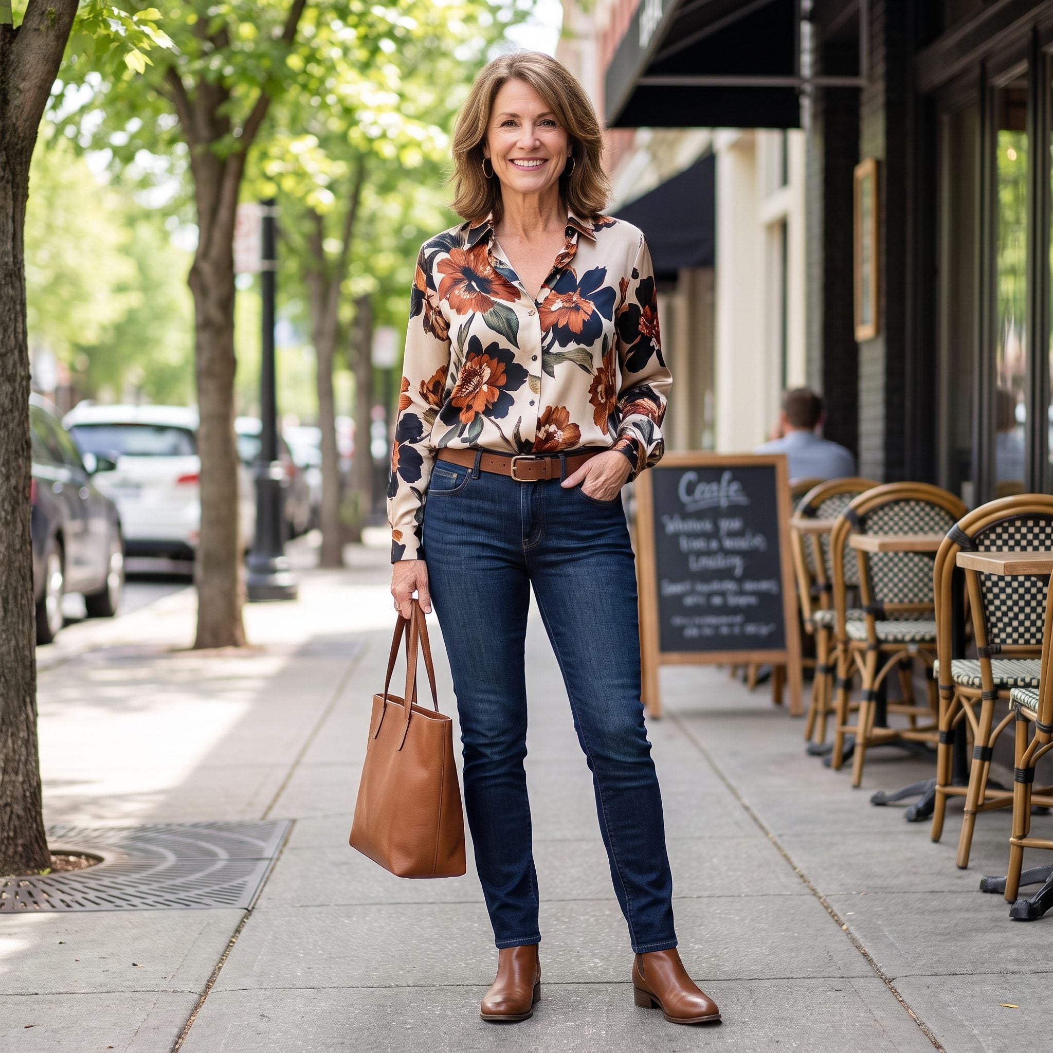 Woman in rhinestone skinny jeans, a patterned blouse, statement necklace, wide belt, patterned bag and studded boots