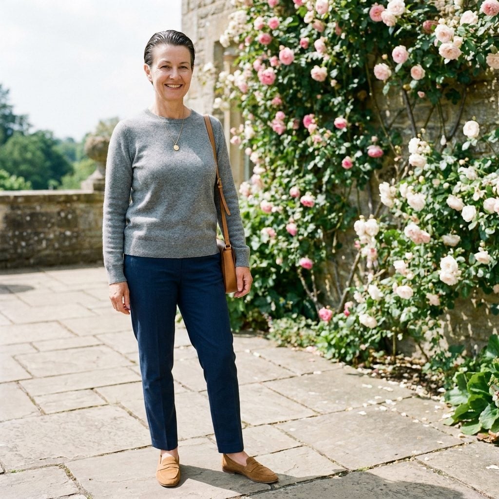Woman in a grey merino sweater and navy trousers with fine short hair lying flat and weighed down by product.