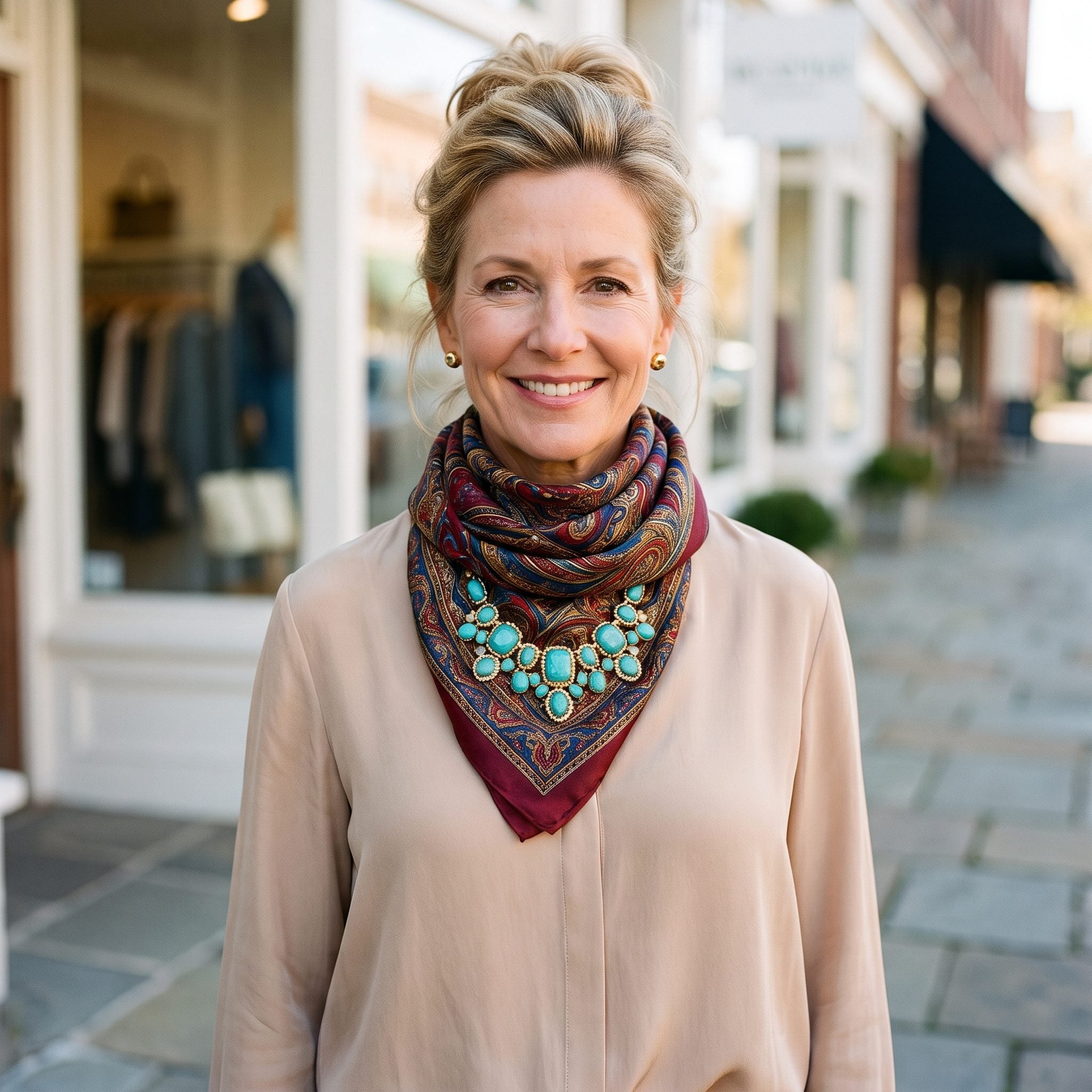 Woman in a beige blouse with a large printed silk scarf and a turquoise gemstone necklace layered over the scarf.