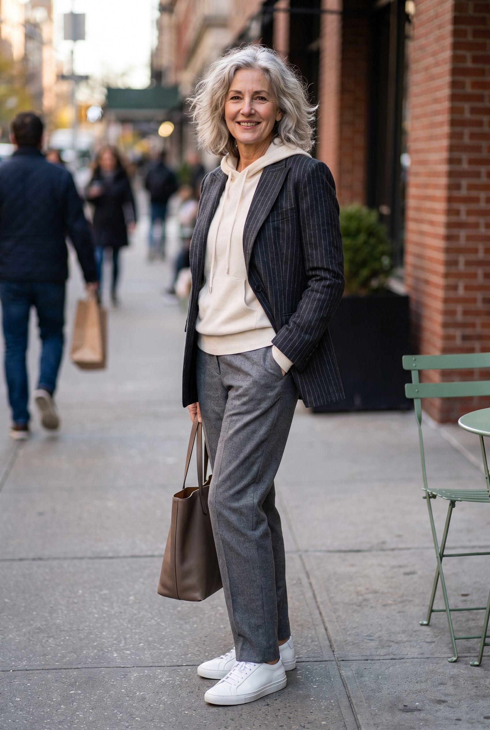 Pinstripe Blazer Over a Fine-Knit Hoodie and Tailored Pants
