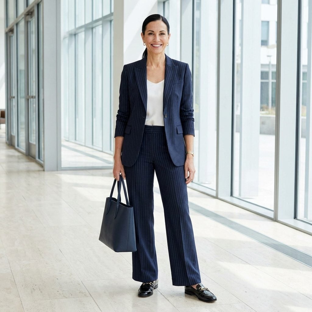 Pinstripe Wide-Leg Trousers + Black Patent Loafers