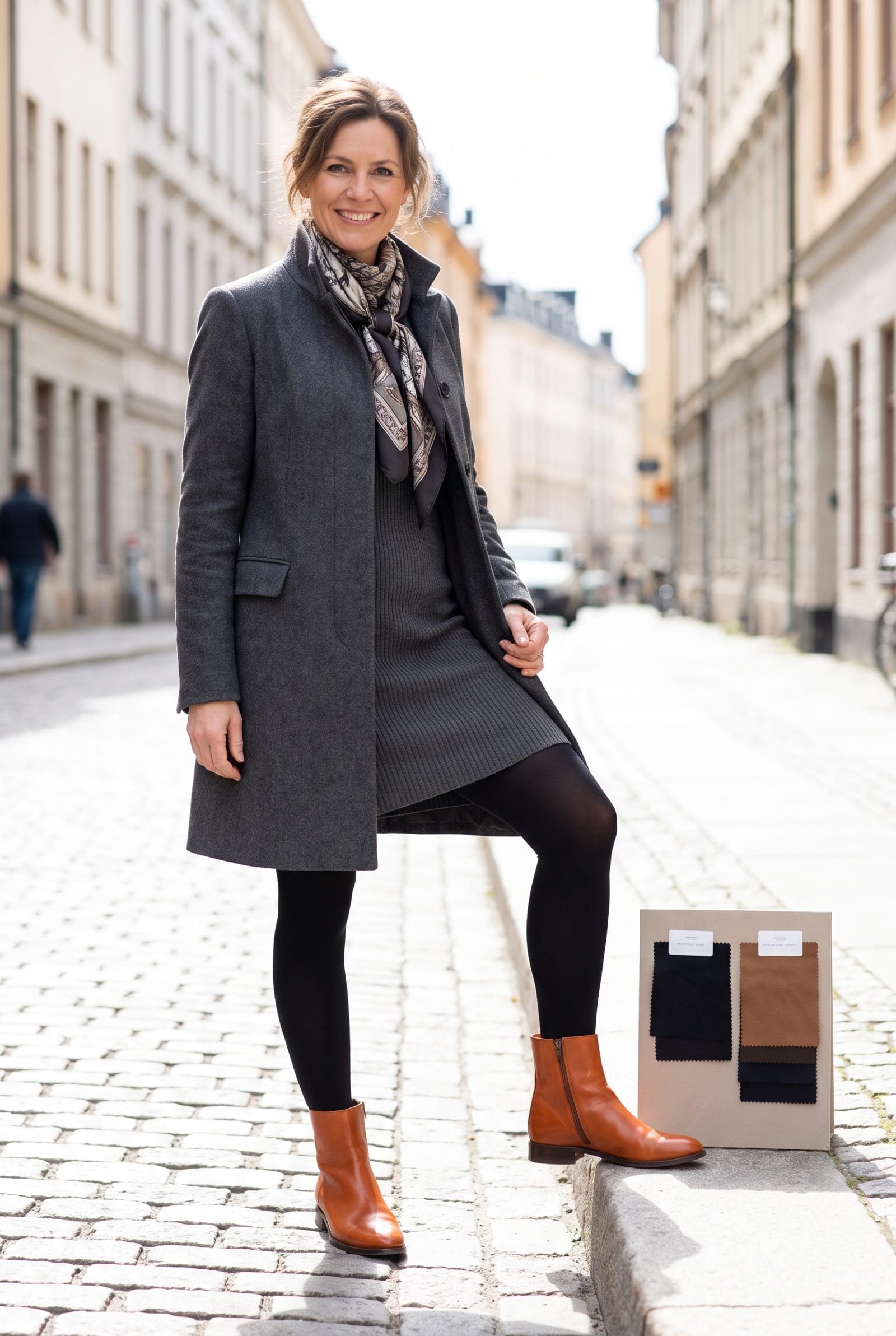Pitch-Black Tights With Orange-Toned Brown Boots