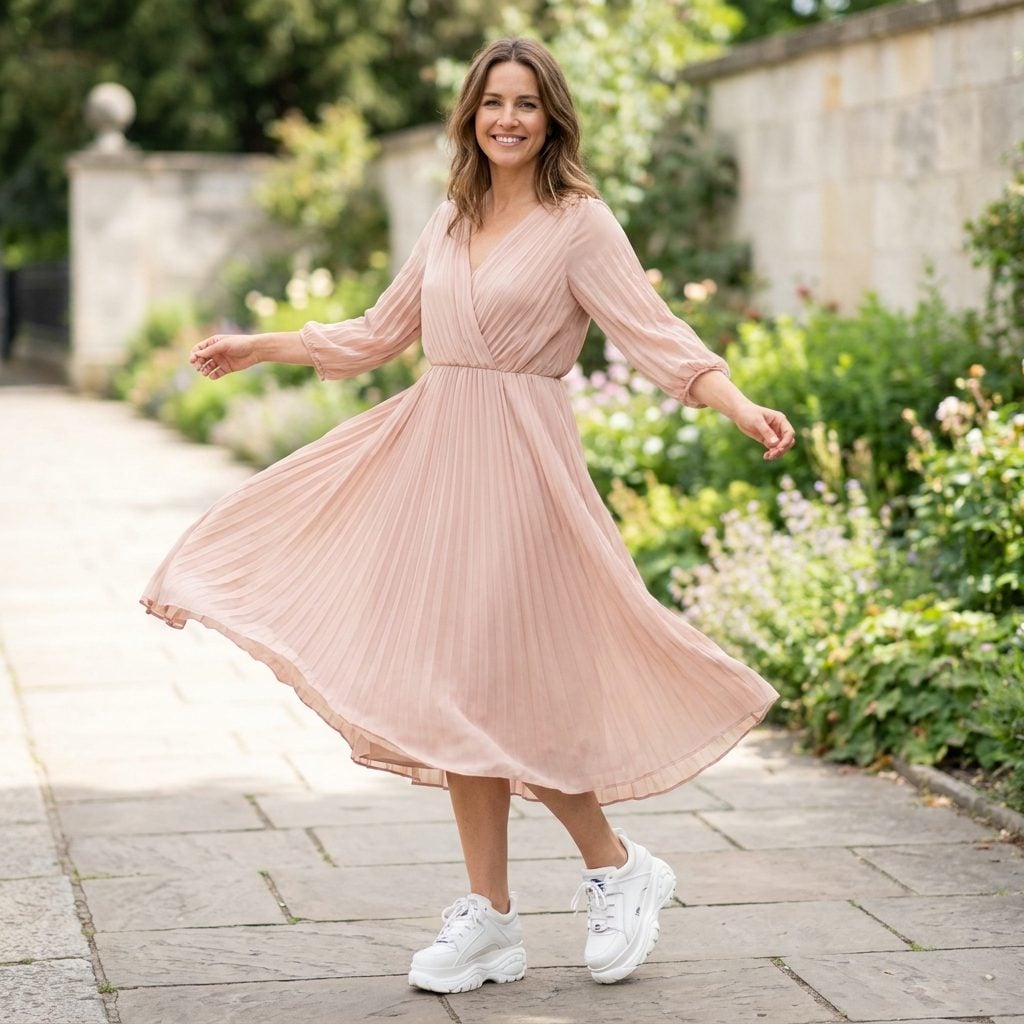 Woman in a dusty-rose pleated chiffon midi dress wearing oversized white platform sneakers with a two-inch sole.