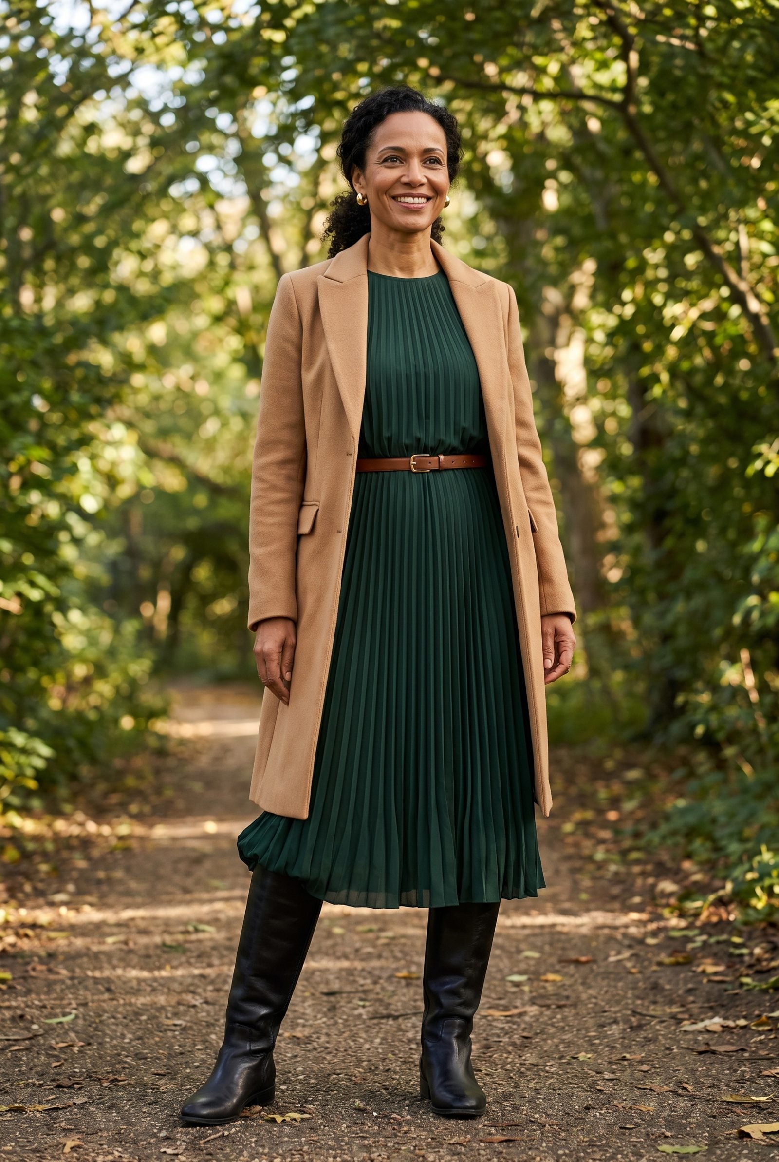 Woman in a pleated green midi dress and wide black riding boots, hem bunching into a raised ridge over the boot openings.